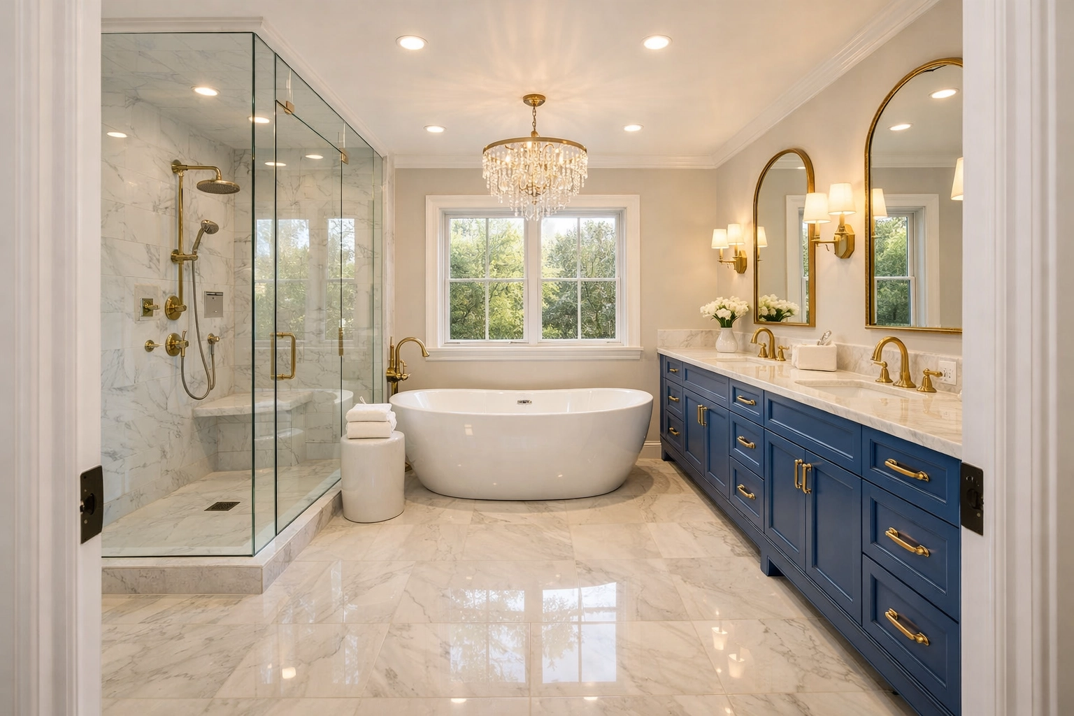 A sparkling, dust-free luxury bathroom after a complete post-construction cleaning service.