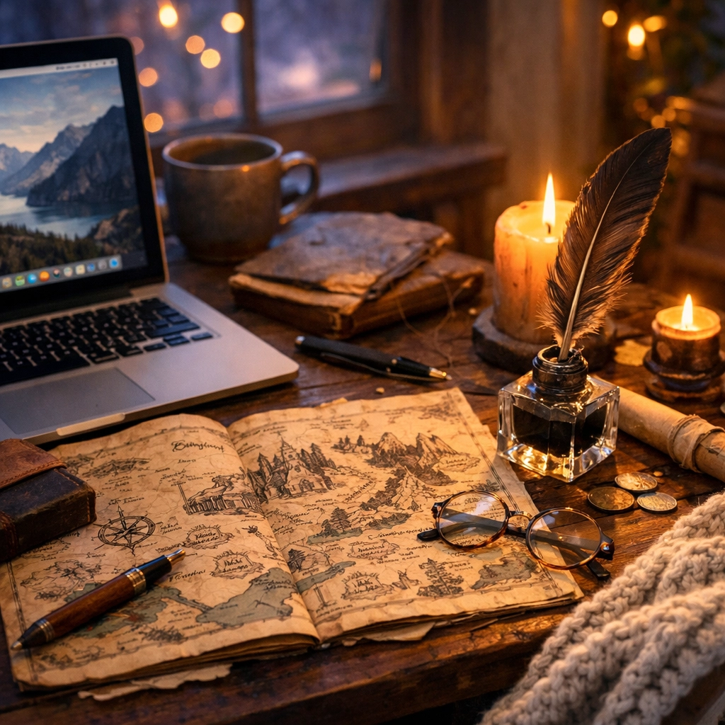 A cozy digital hearth workspace with a laptop, fantasy map, and quill, blending storytelling and life coaching tools.