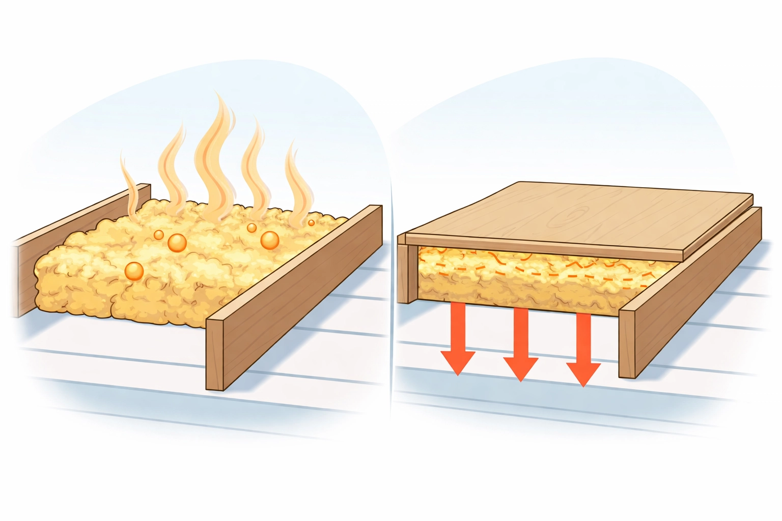 Side-by-side comparison showing how compressing loft insulation reduces effectiveness and increases heat loss.