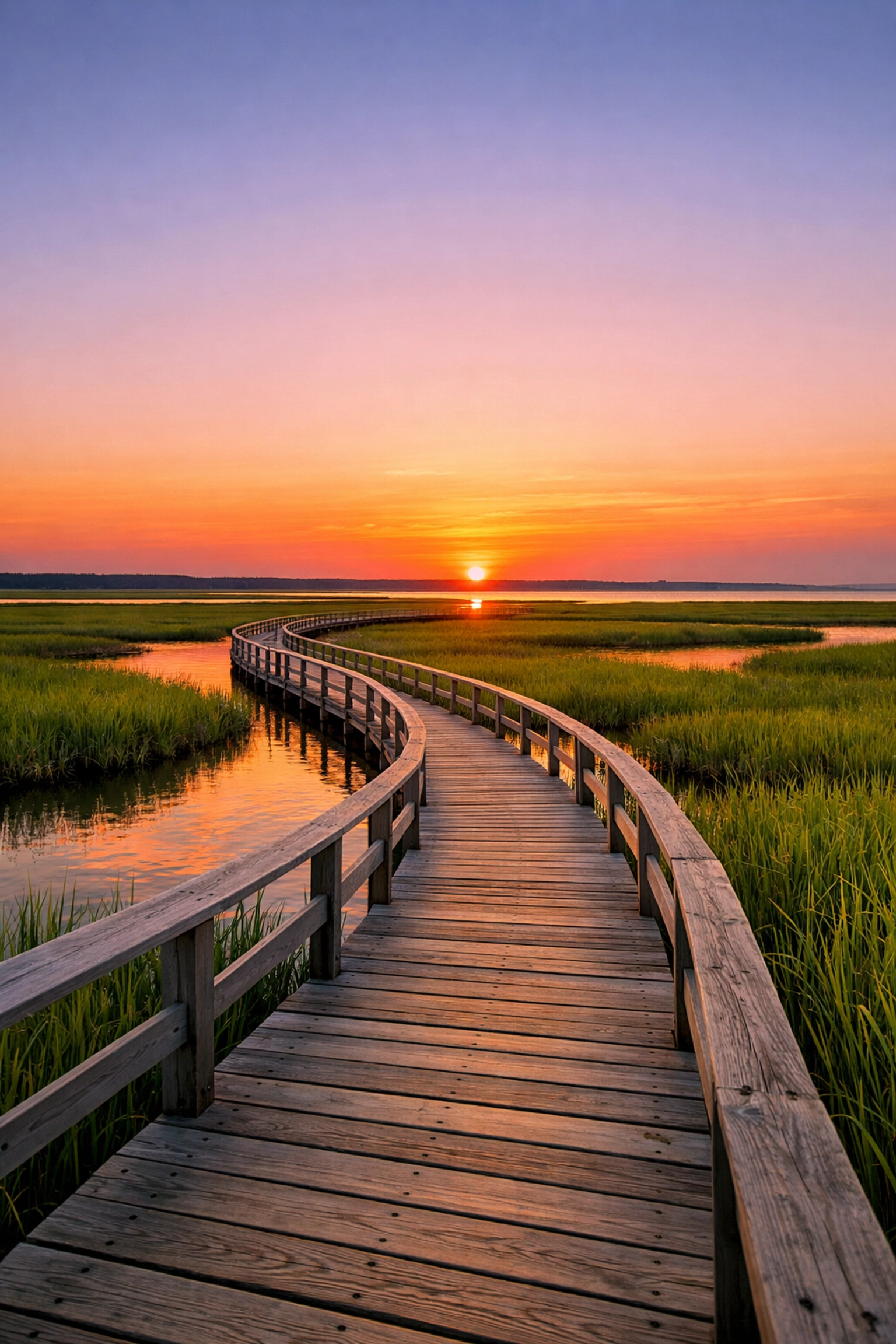Boardwalk leading through a marsh at sunset, highlighting landscape photography tips for composition.
