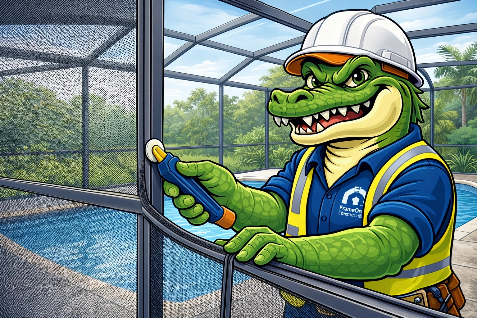Al E. Gator (official FrameOne design) in a hard hat and safety vest helping a homeowner fix a broken screen—cheap work gets expensive fast.