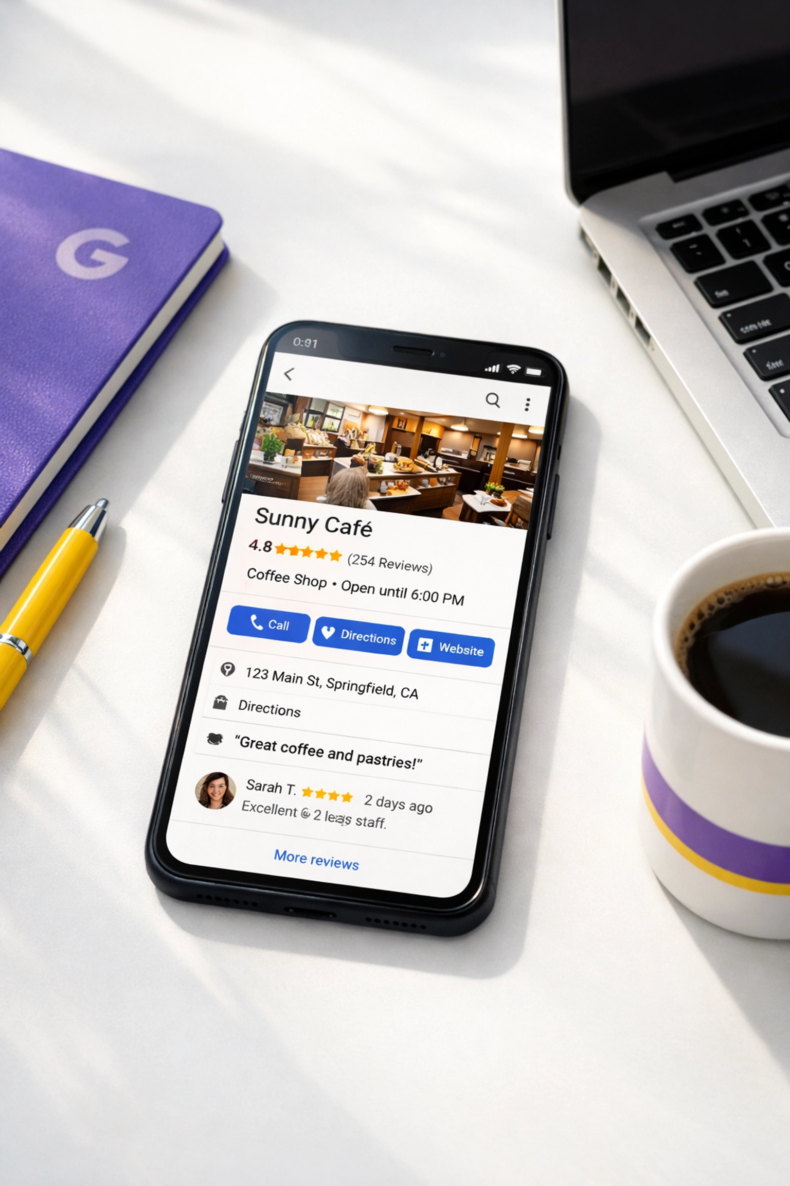 Optimized Google Business Profile on smartphone showing reviews and local business listing