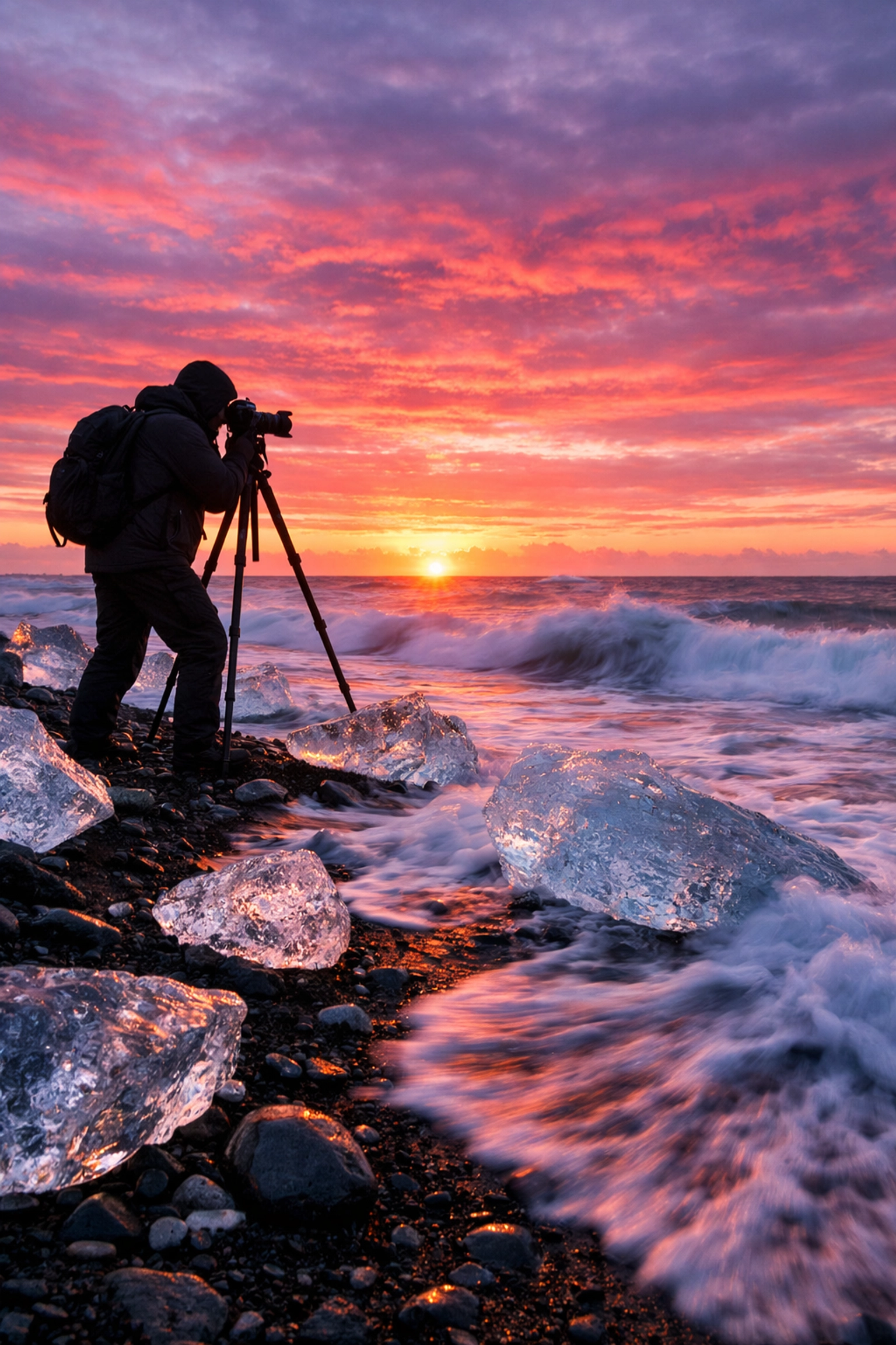 Professional photographer shooting at Diamond Beach Iceland, known as one of the best photography locations.