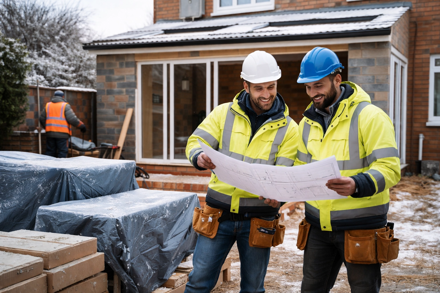 Construction team building a home extension in winter, demonstrating professional project management