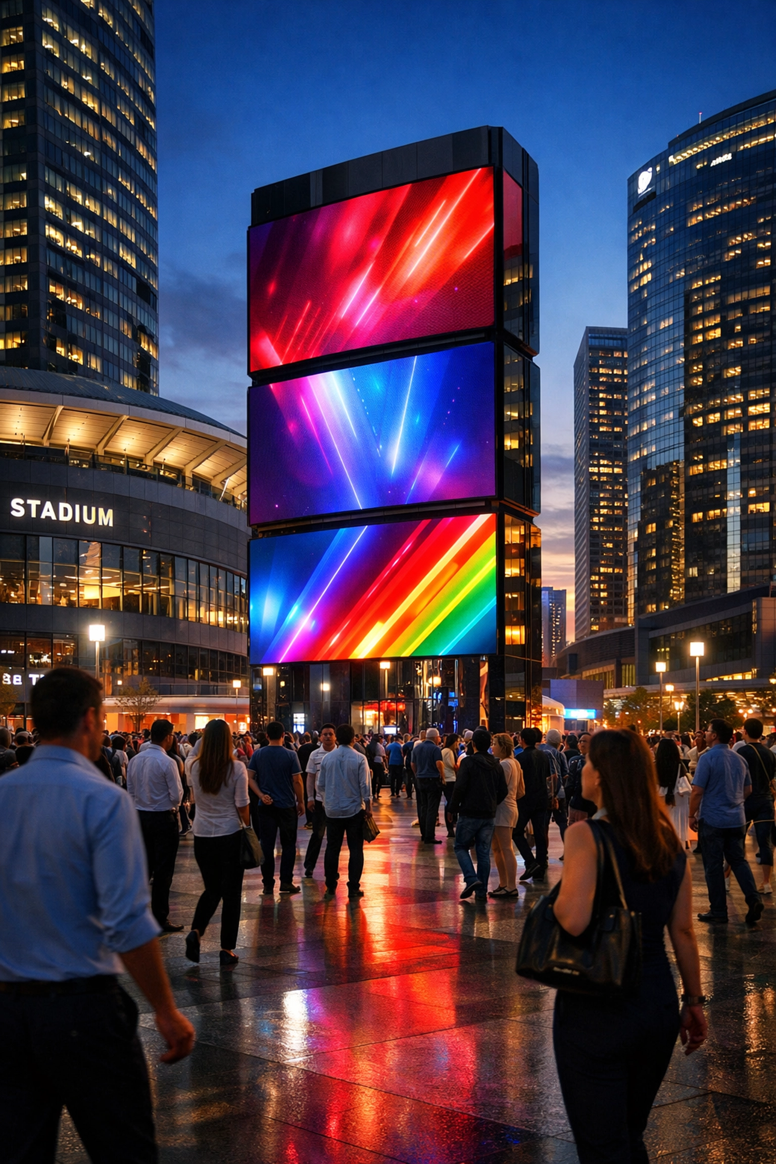 Vibrant digital OOH signage in an urban fan zone outside a major sports stadium during the Big Game event.