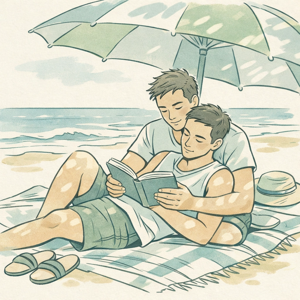 Gay couple reading together on beach blanket illustrating summer literary romance
