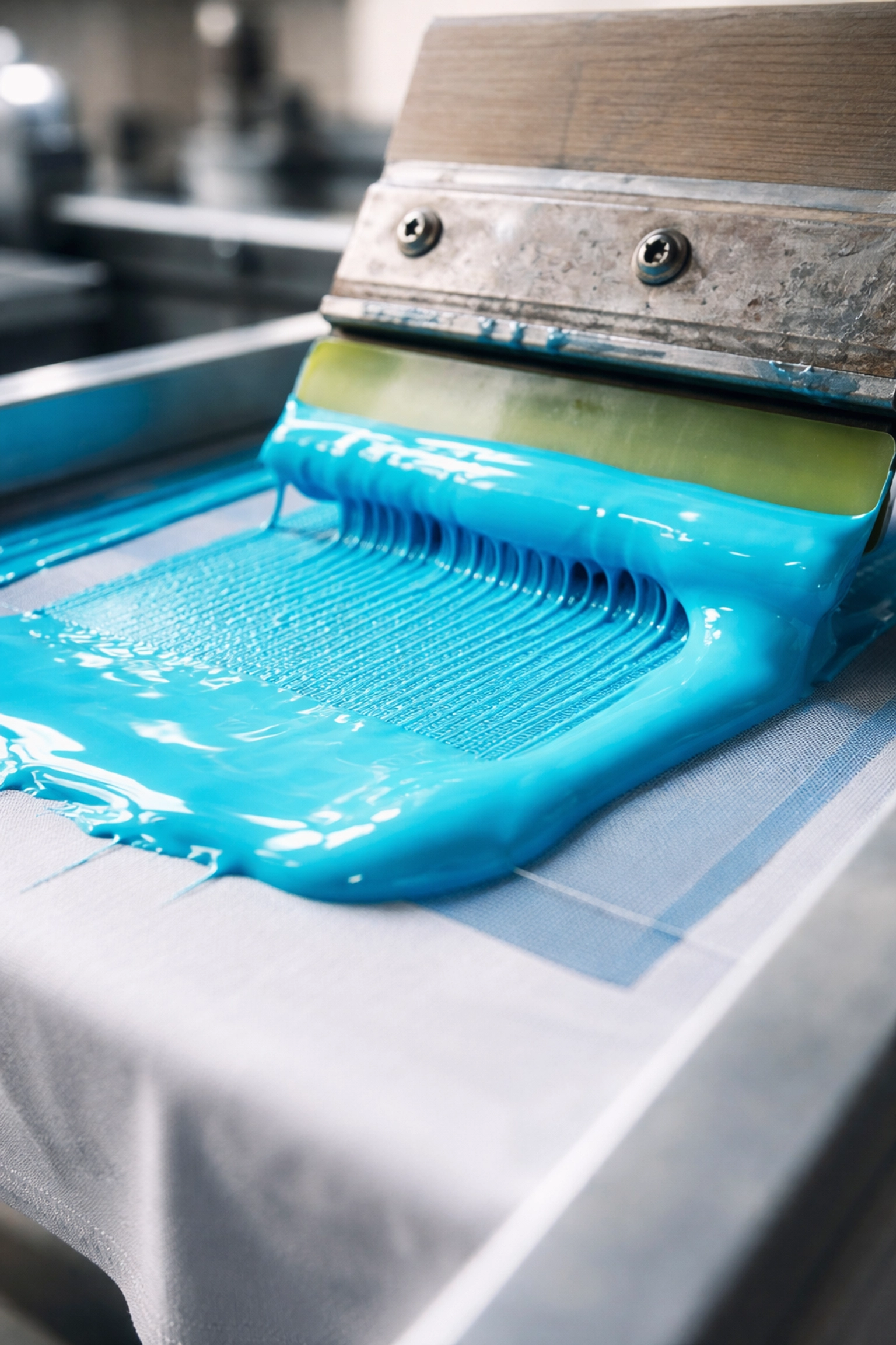 Close-up of professional screen printing with cyan ink on white fabric, highlighting apparel production quality.