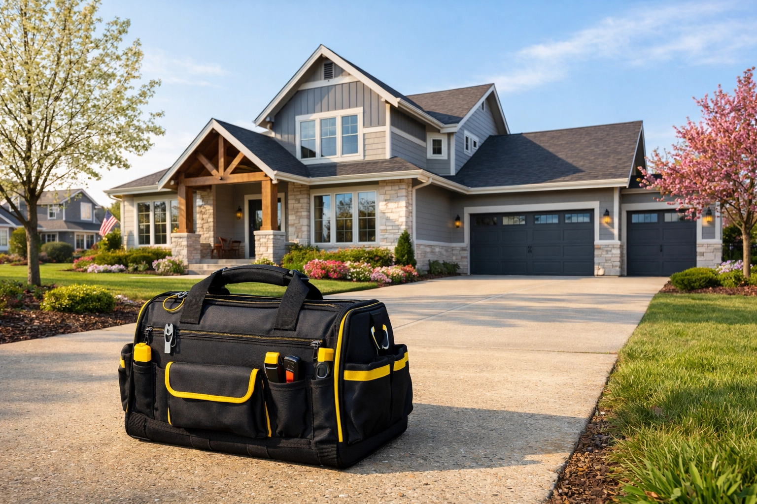Professional locksmith technician bag on a driveway in front of a new home in Fishers, Indiana.