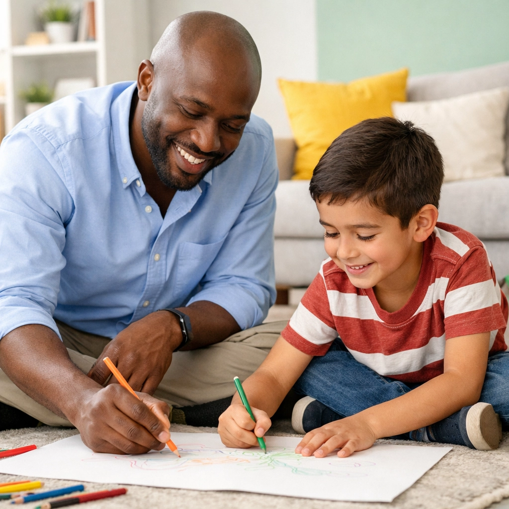 Diverse child and therapist bonding over a drawing during a counseling session in Georgia.