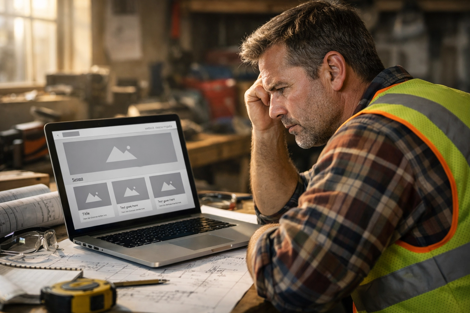 Contractor in a workshop struggling with a DIY web design for small business template.