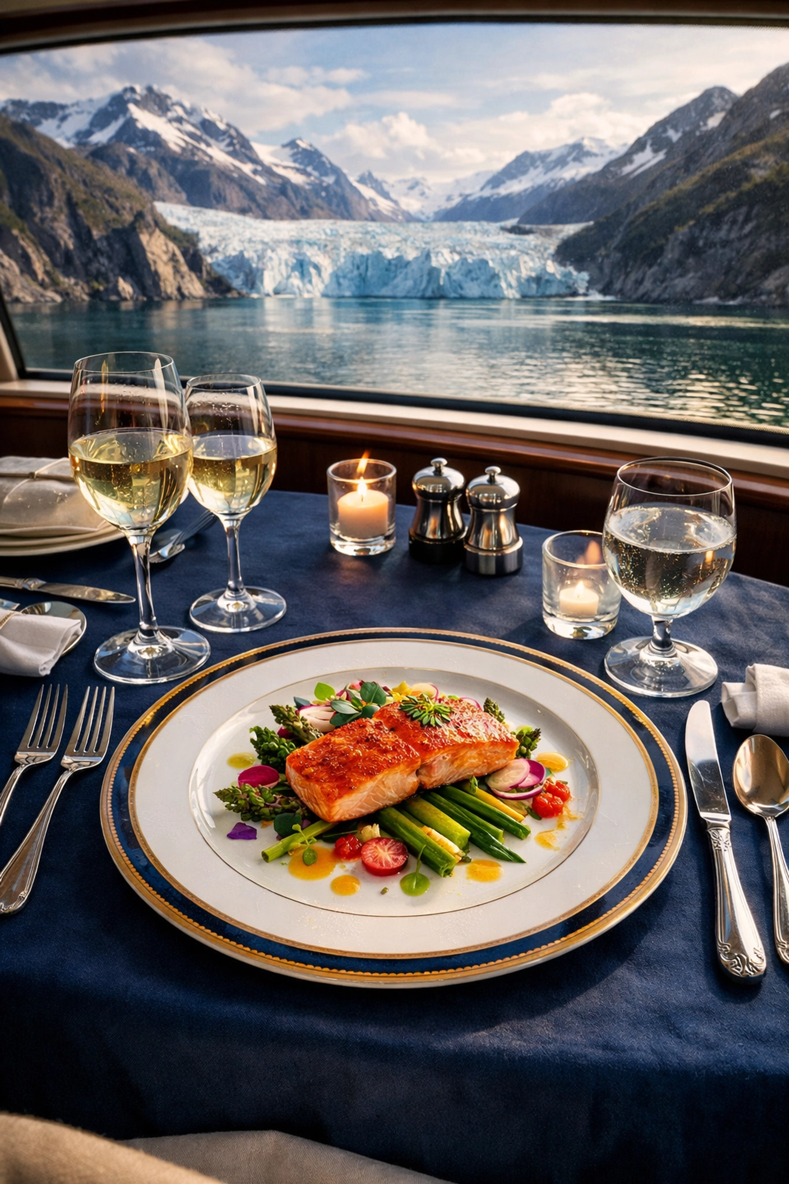Gourmet Alaskan salmon dining aboard luxury yacht with glacier scenery through panoramic windows