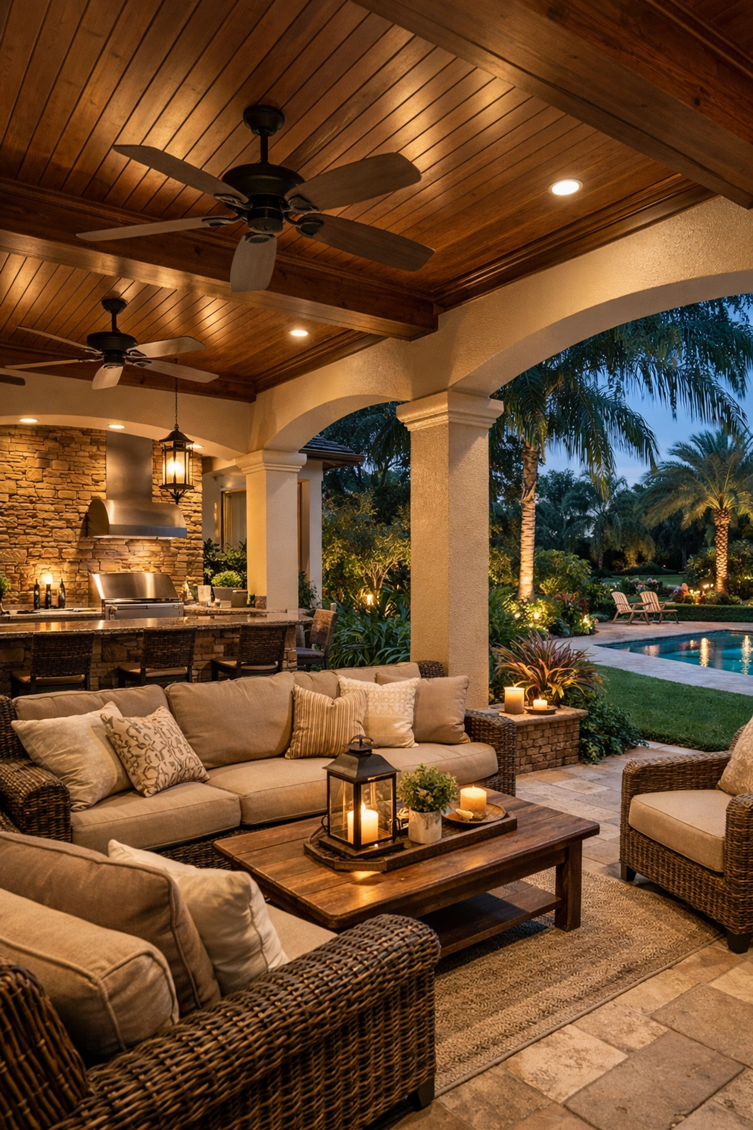Covered lanai with outdoor kitchen showcasing Orlando outdoor living space design