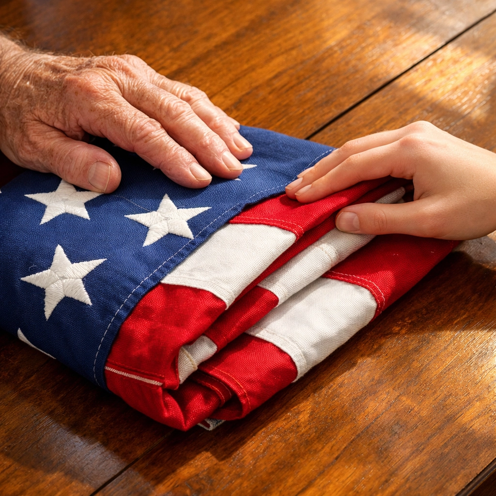 Hands of different generations folding an American flag to symbolize shared civic responsibility and tradition.
