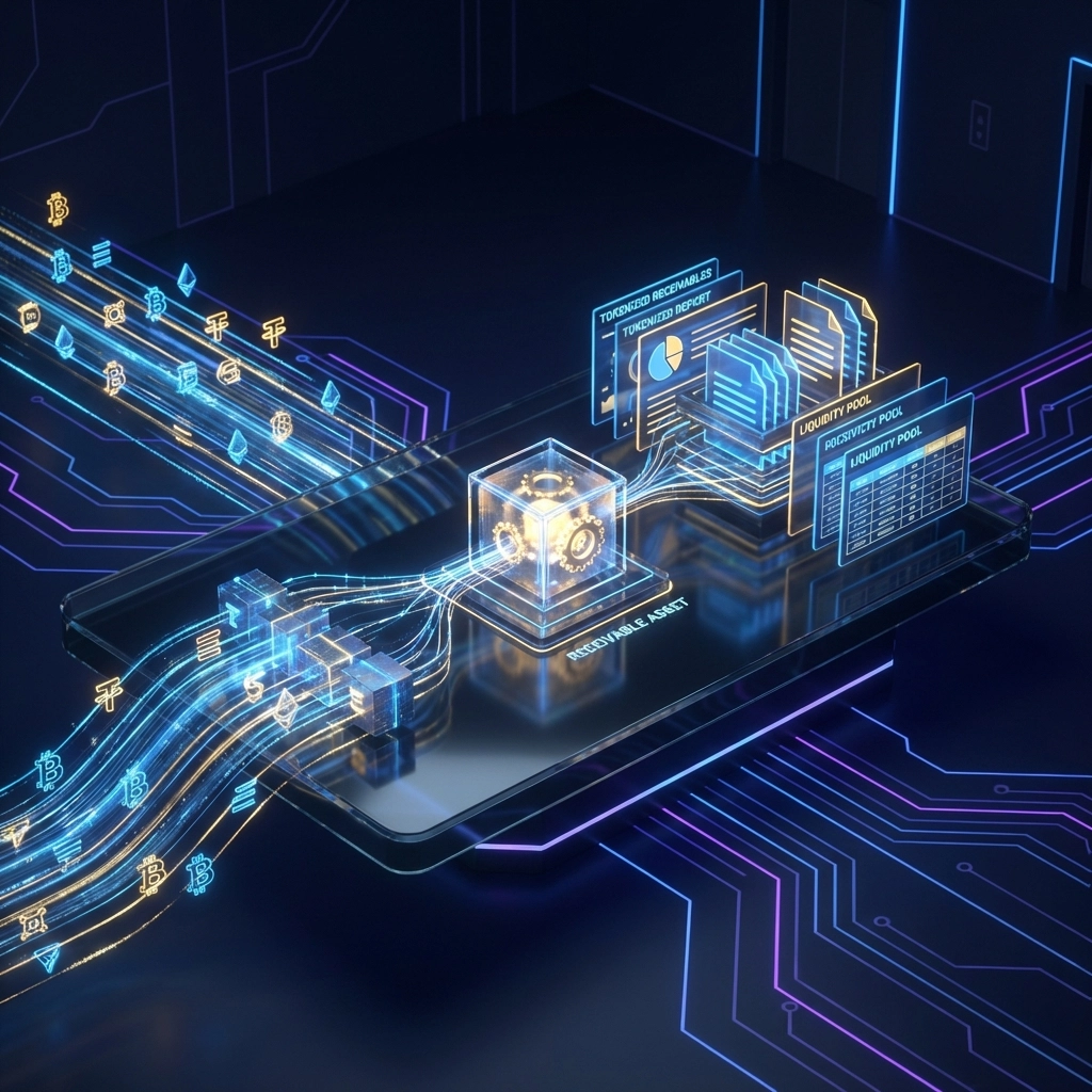 Digital dashboard illustrating Larecoin crypto receivables flow and blockchain asset management