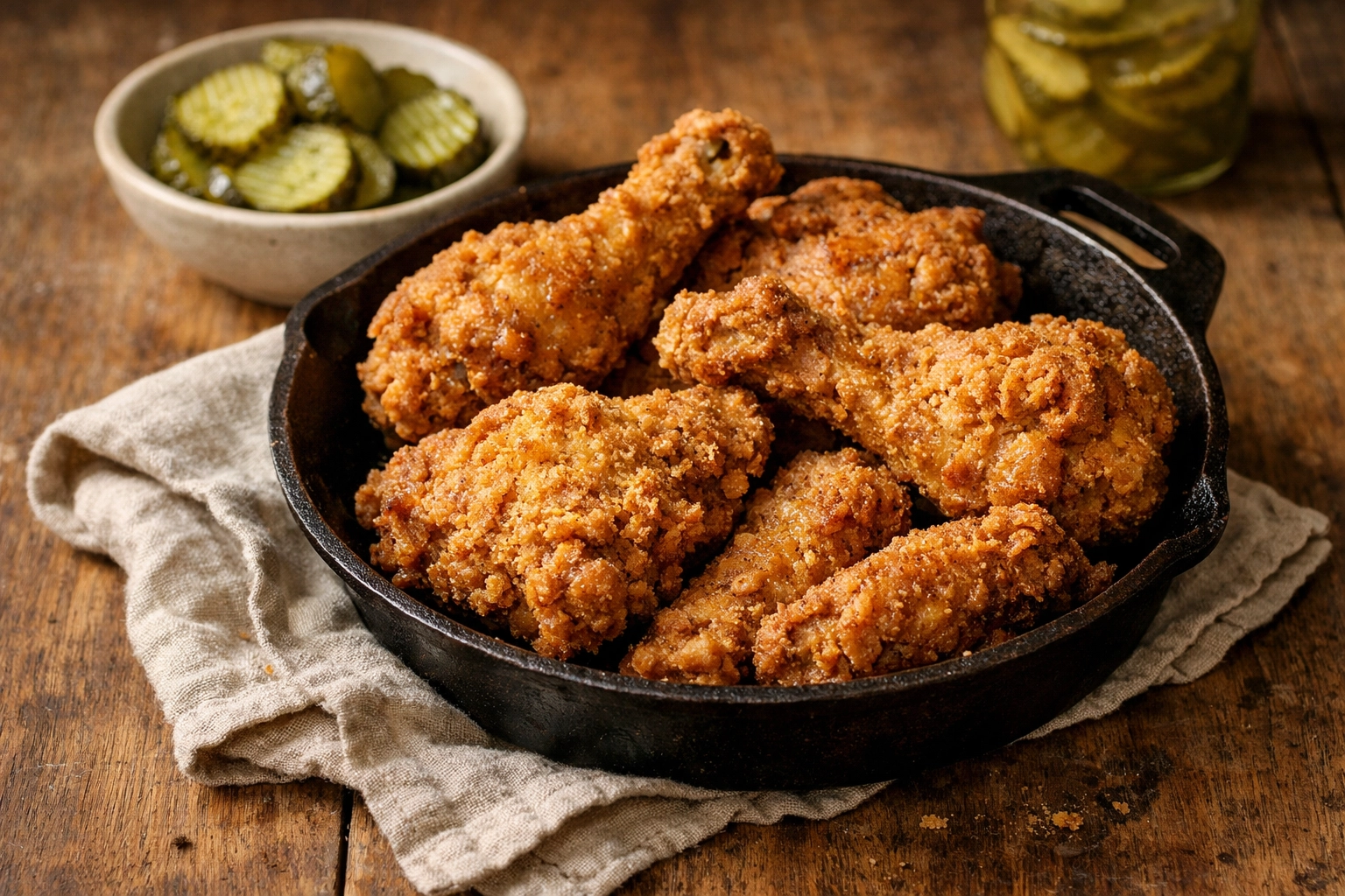 Crispy Southern fried chicken on a cast iron skillet with classic fixings