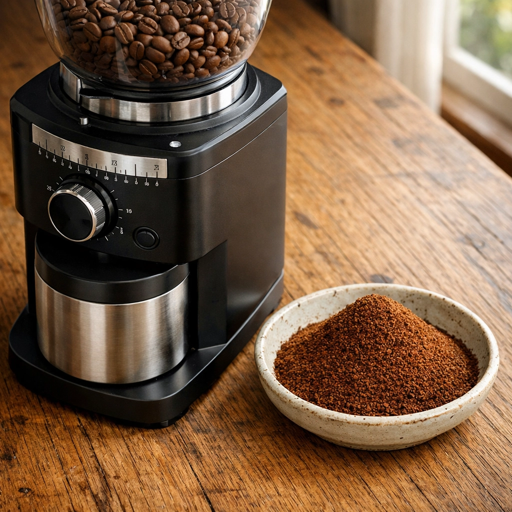 A premium burr grinder on a wooden counter next to a bowl of perfectly consistent espresso coffee grounds.