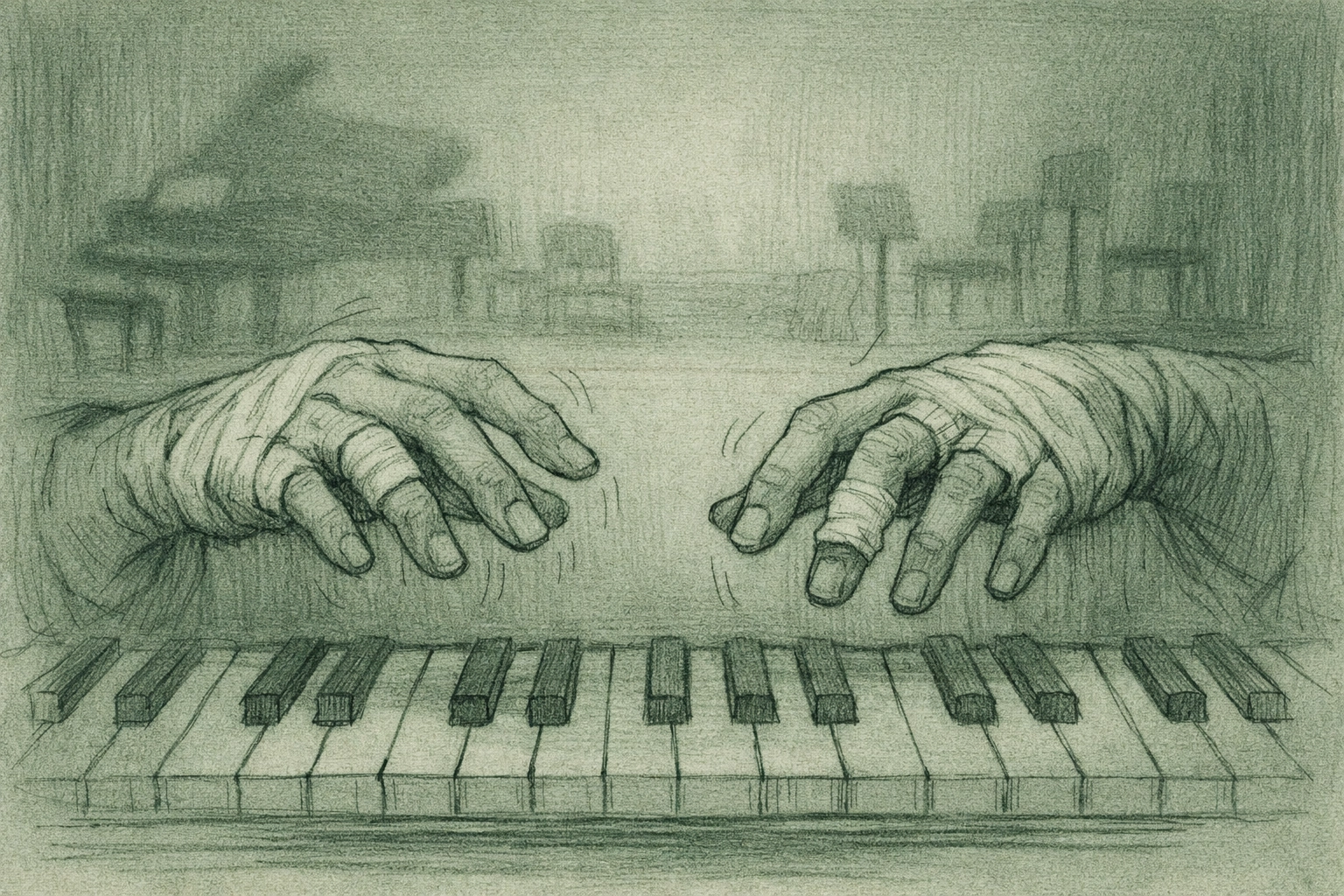 Injured pianist's bandaged hands hovering over piano keys - tragedy of lost art in gay fiction