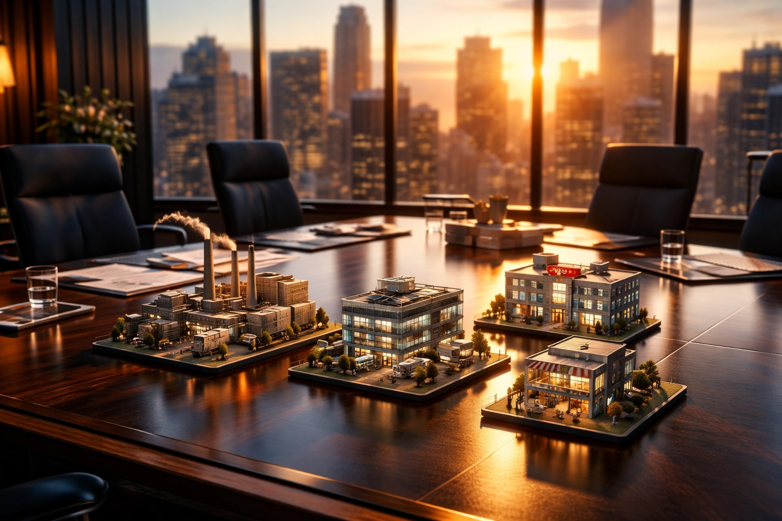 Boardroom table with models of different business sectors, highlighting middle-market private equity opportunities