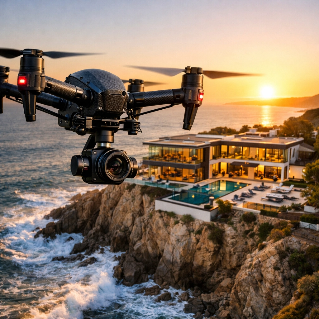 Professional drone capturing aerial views of a luxury modern estate for real estate photography marketing.