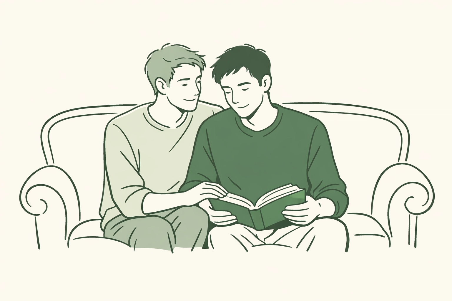 Two men in an MM relationship sharing a book, showing authentic bisexual representation and emotional validation.