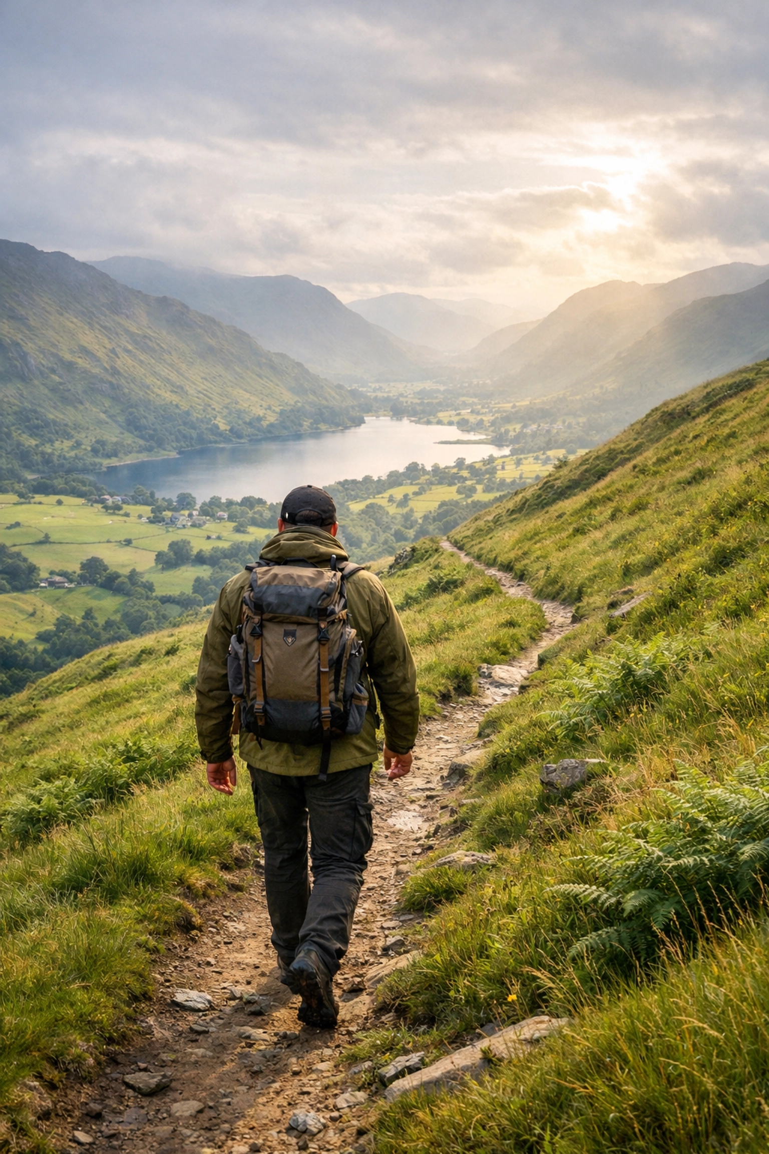 Solo hiker walking a scenic trail in the Lake District during a camping adventure UK.