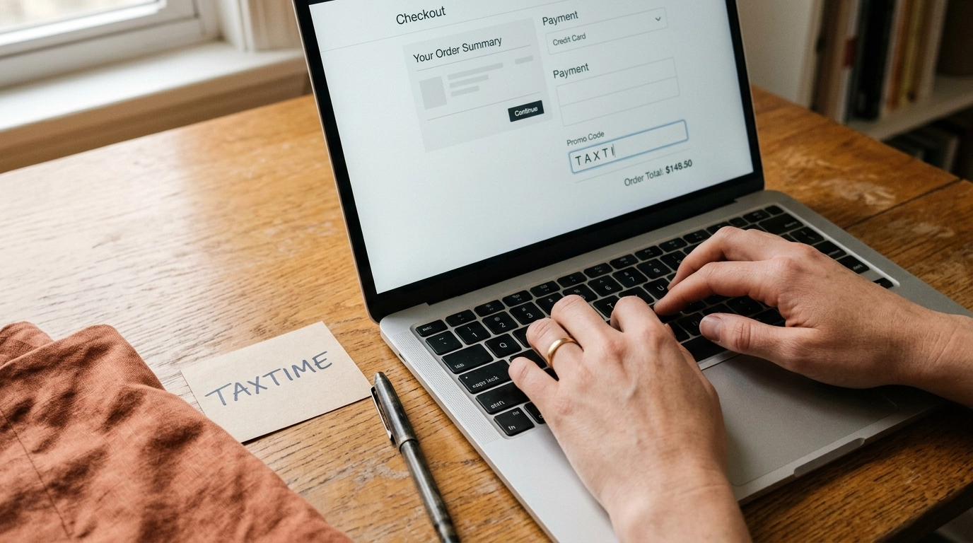 Hands typing promo code on laptop