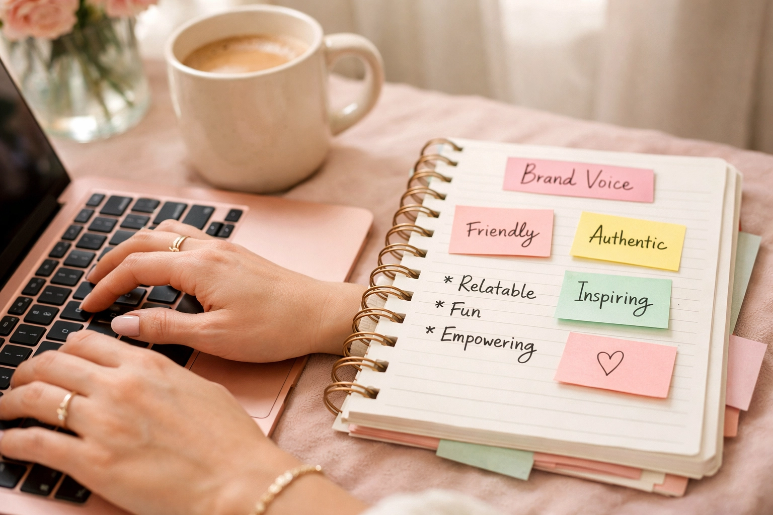 Hands typing brand voice notes and keywords for AI-generated social posts