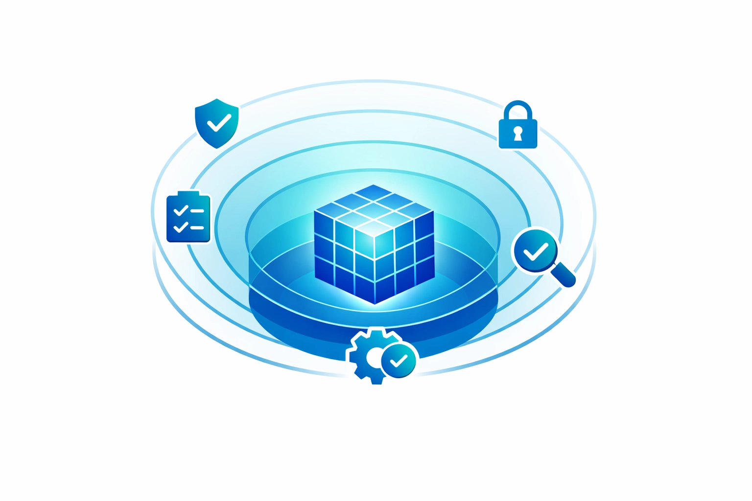 Five layers of cybersecurity defense protecting a central data hub from ransomware threats. Five layers of cybersecurity defense protecting a central data hub from ransomware threats.