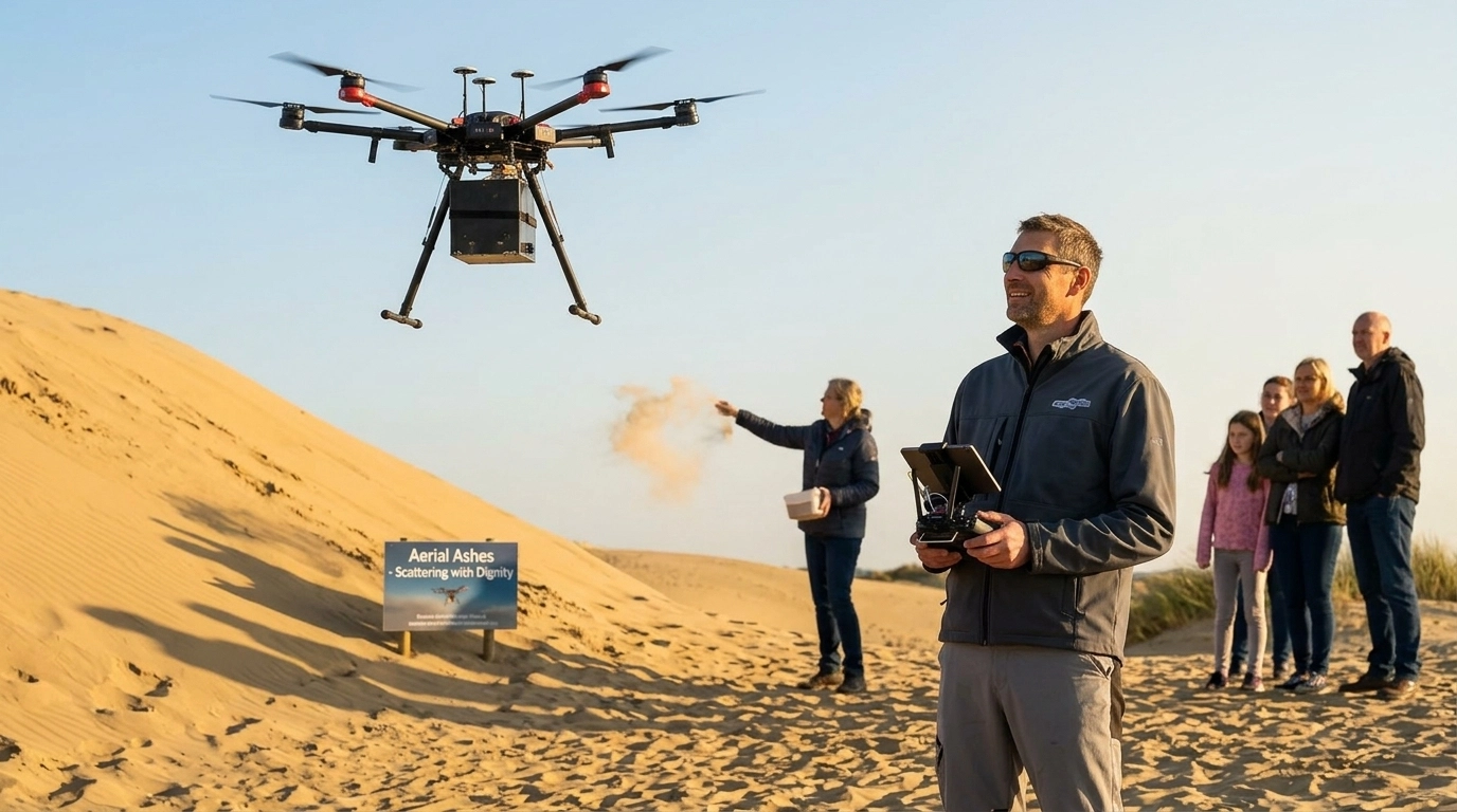 A professional drone operator preparing for a ceremony at the dunes