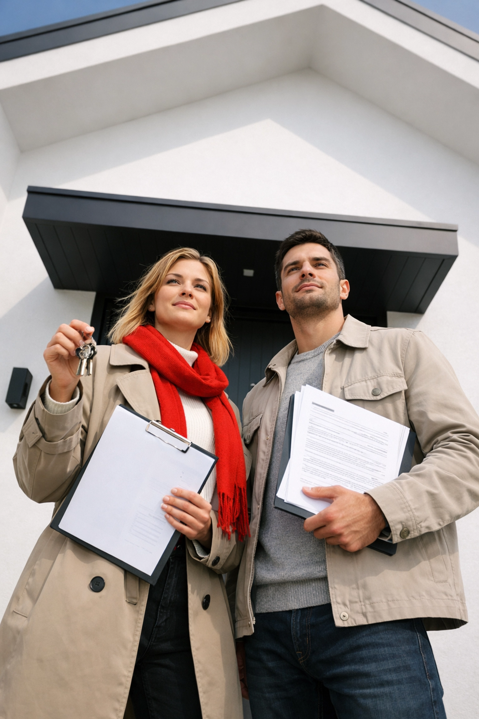 Jeune couple de premiers acheteurs tenant les clés de leur nouvelle maison à Québec
