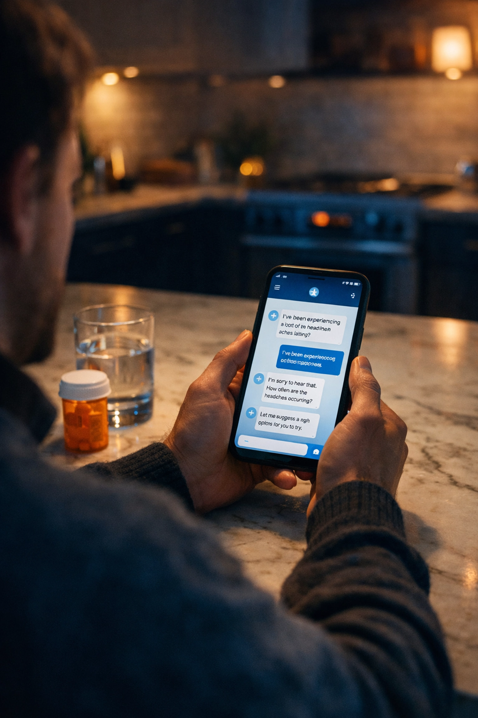 A person using secure medical chat on a smartphone for 24/7 doctor consultations and prescription refills.