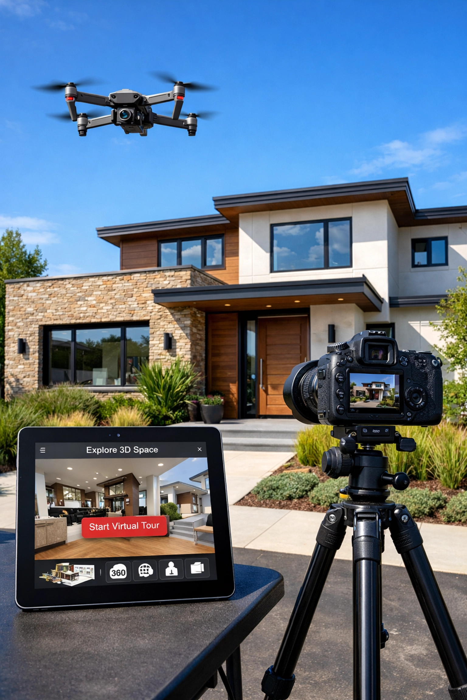 Drone photography and 3D virtual tour equipment for professional home marketing