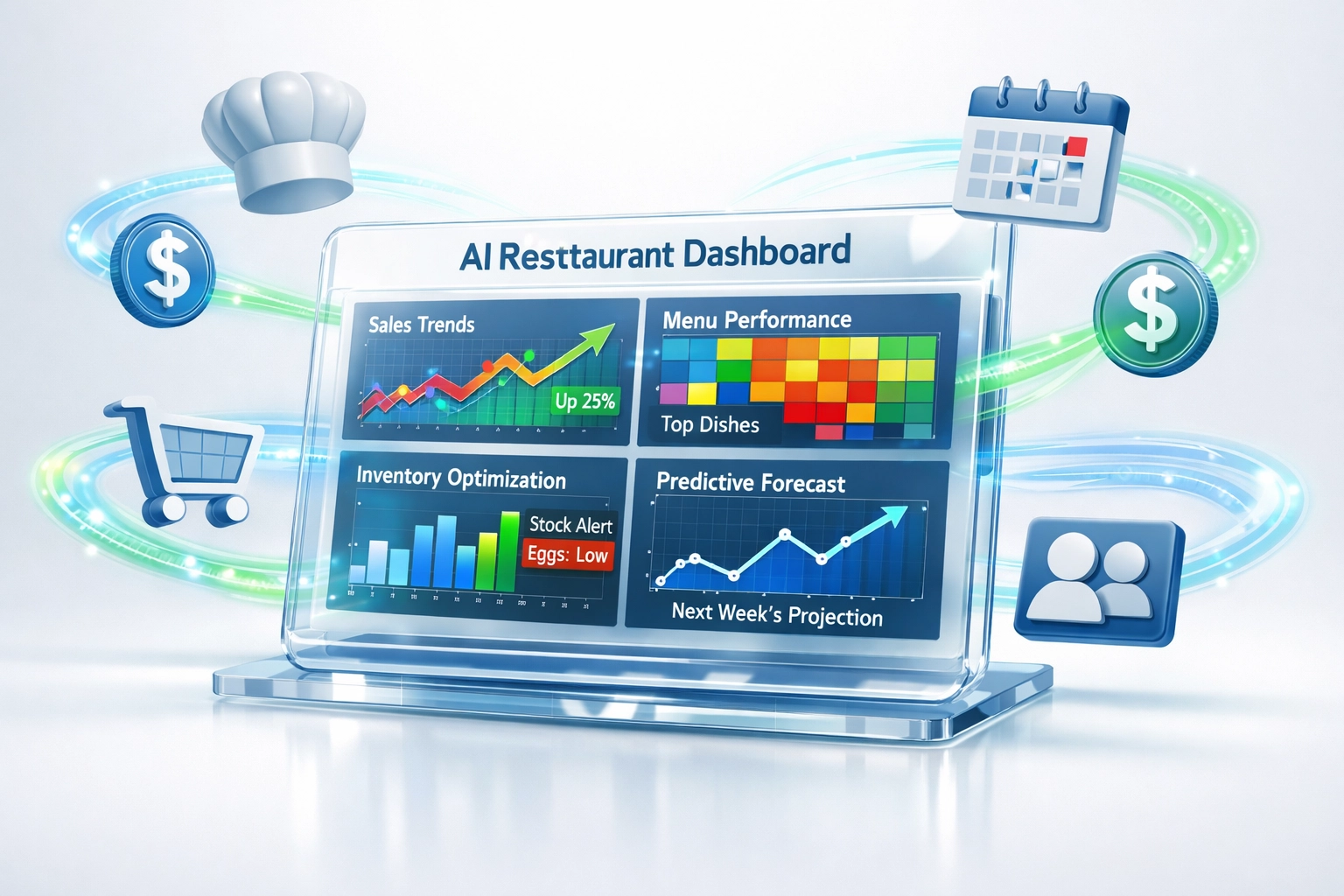 AI-powered restaurant analytics dashboard showing performance metrics and forecasting