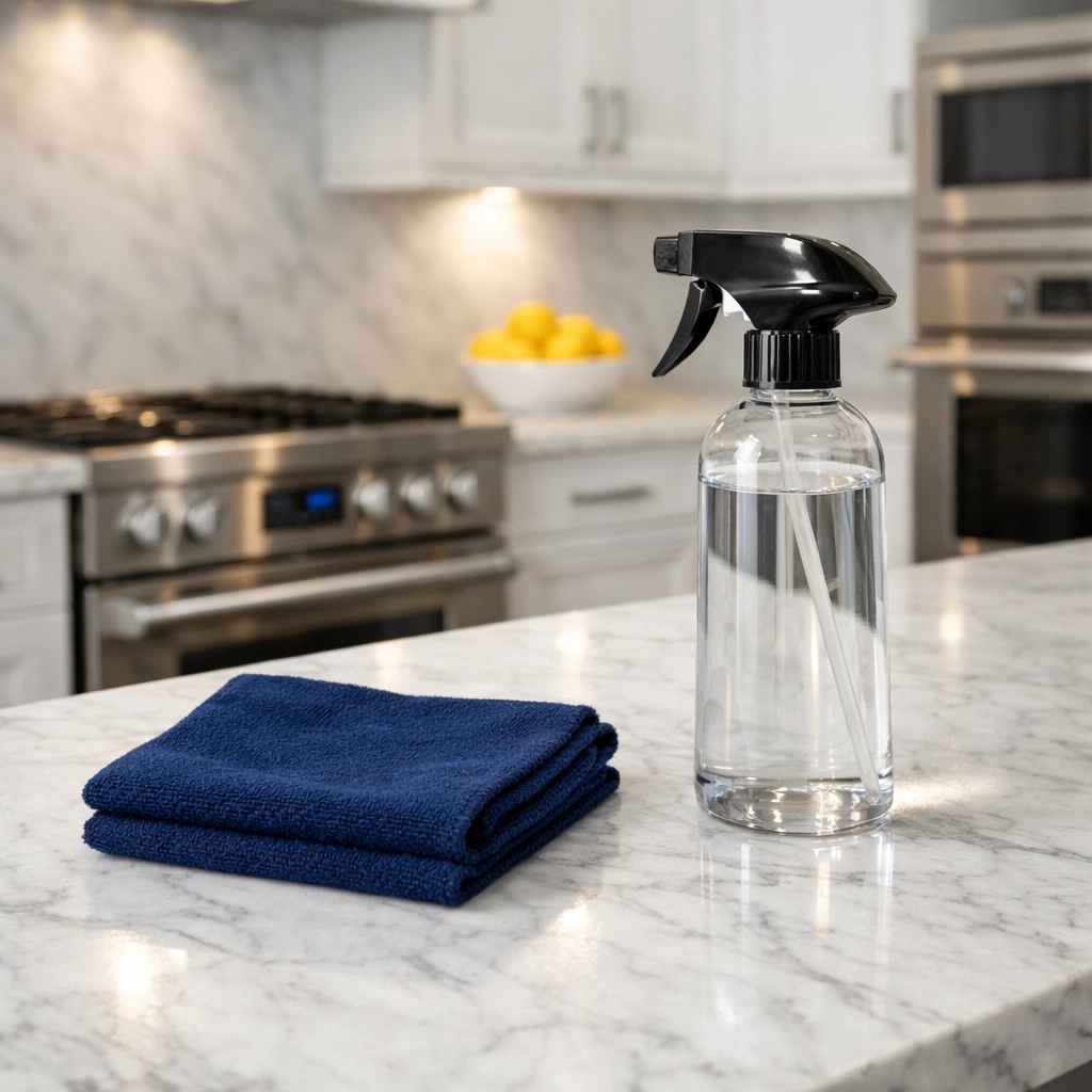 Close-up of a sanitized marble kitchen island, illustrating premium house cleaning in Westborough results.
