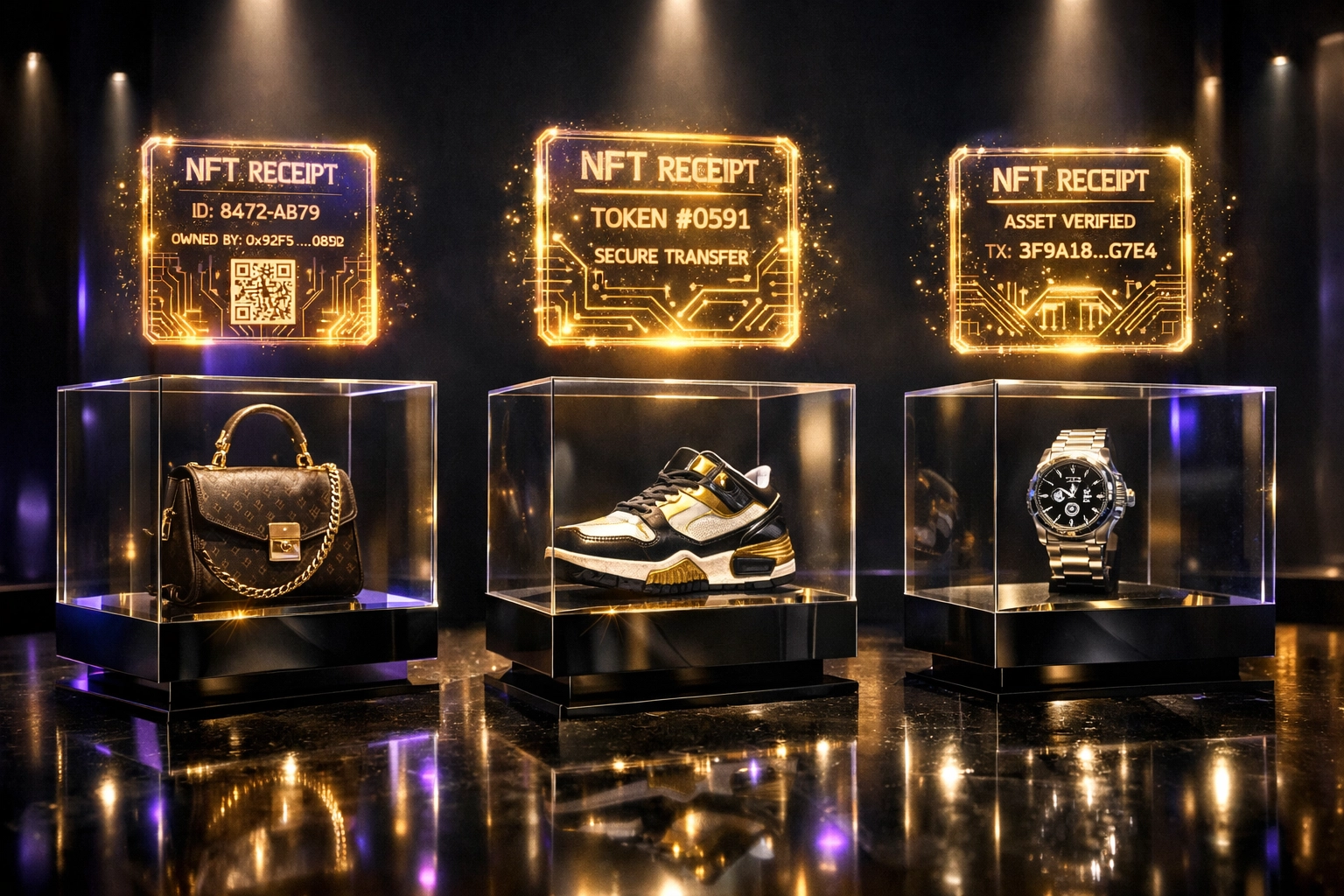 Luxury products with NFT receipt tokens for blockchain authentication and proof of purchase