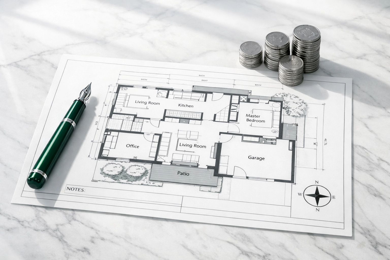 Modern blueprints and coins representing strategic planning for a 90% LTC fix and flip loan.