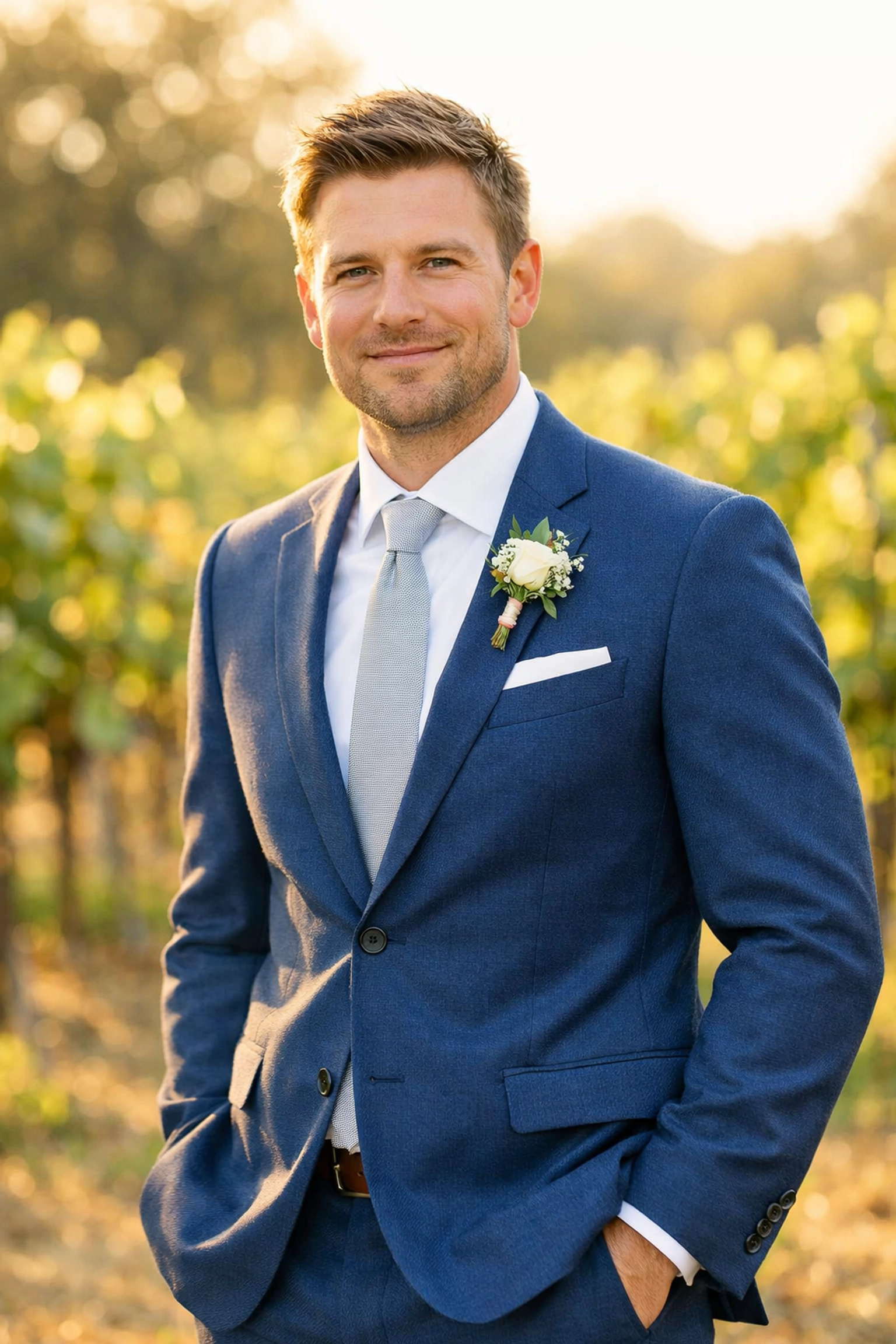 Groom wearing navy blue suit at outdoor vineyard wedding ceremony