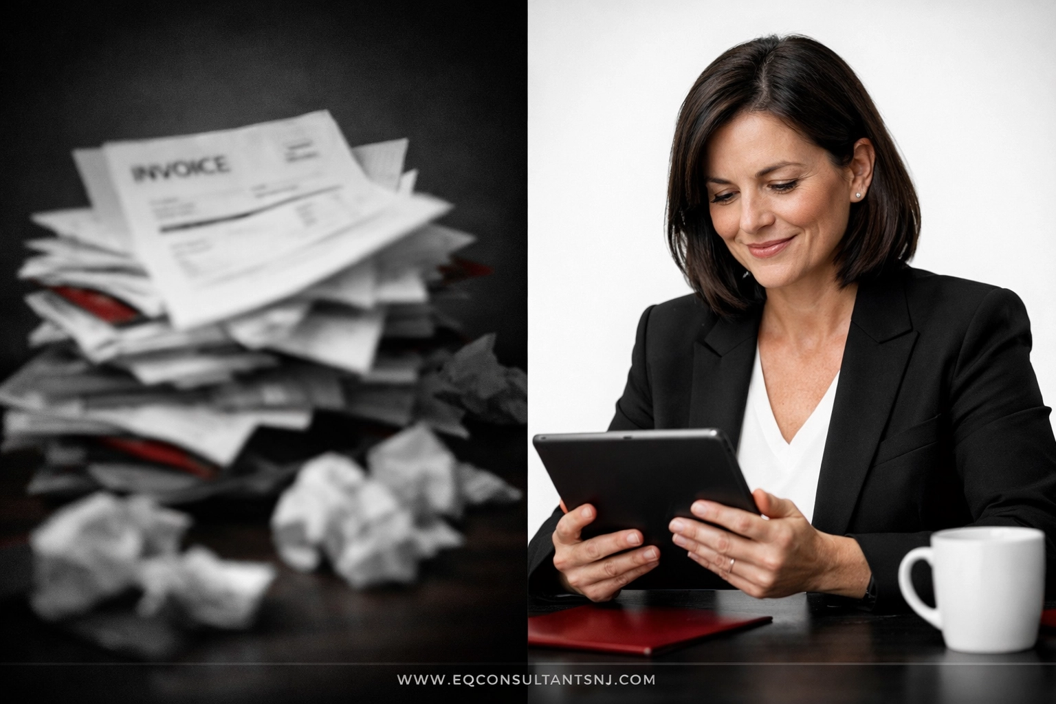 Comparison of messy invoices versus organized records provided by bookkeeping cleanup services in NJ.