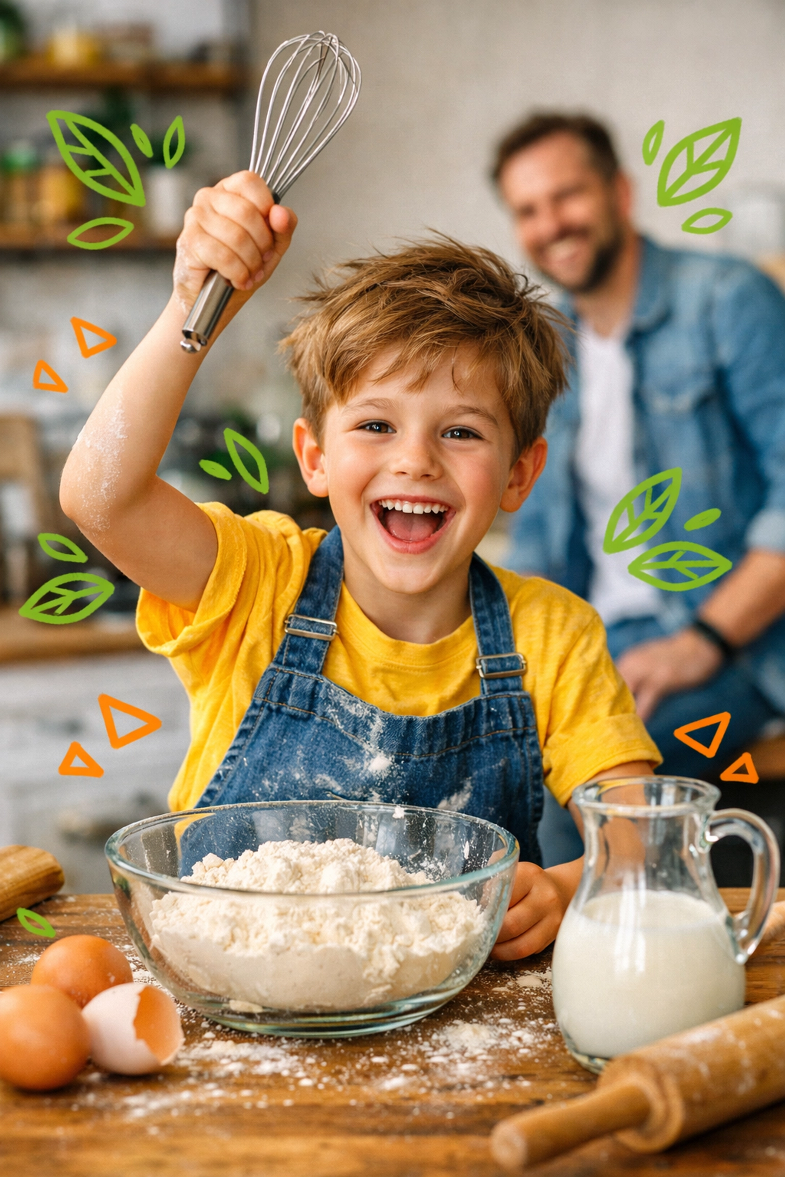 Young boy learning practical cooking skills as part of a weekly family growth goal.