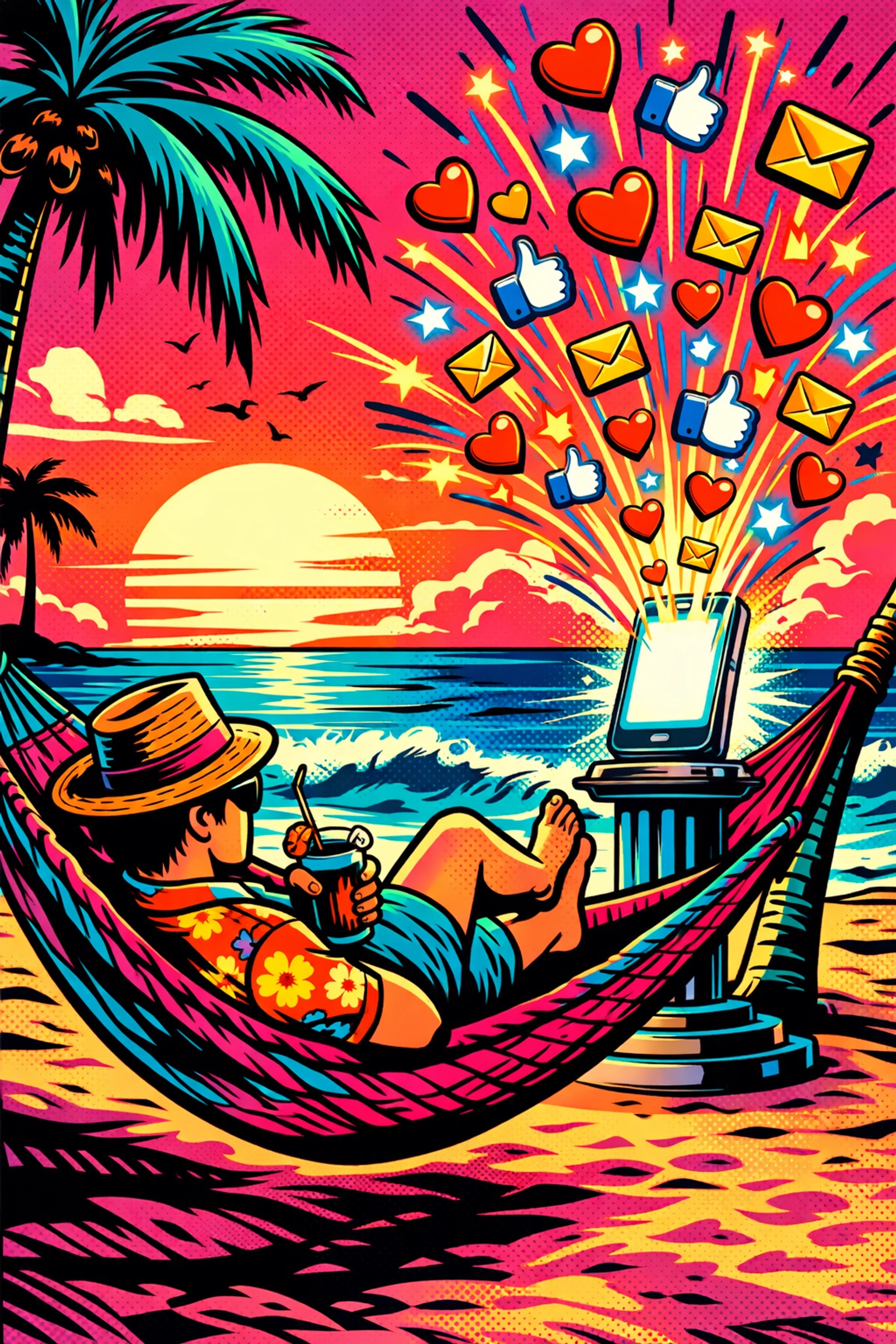 Person relaxing on a beach while a smartphone handles automated social media marketing and scheduling.