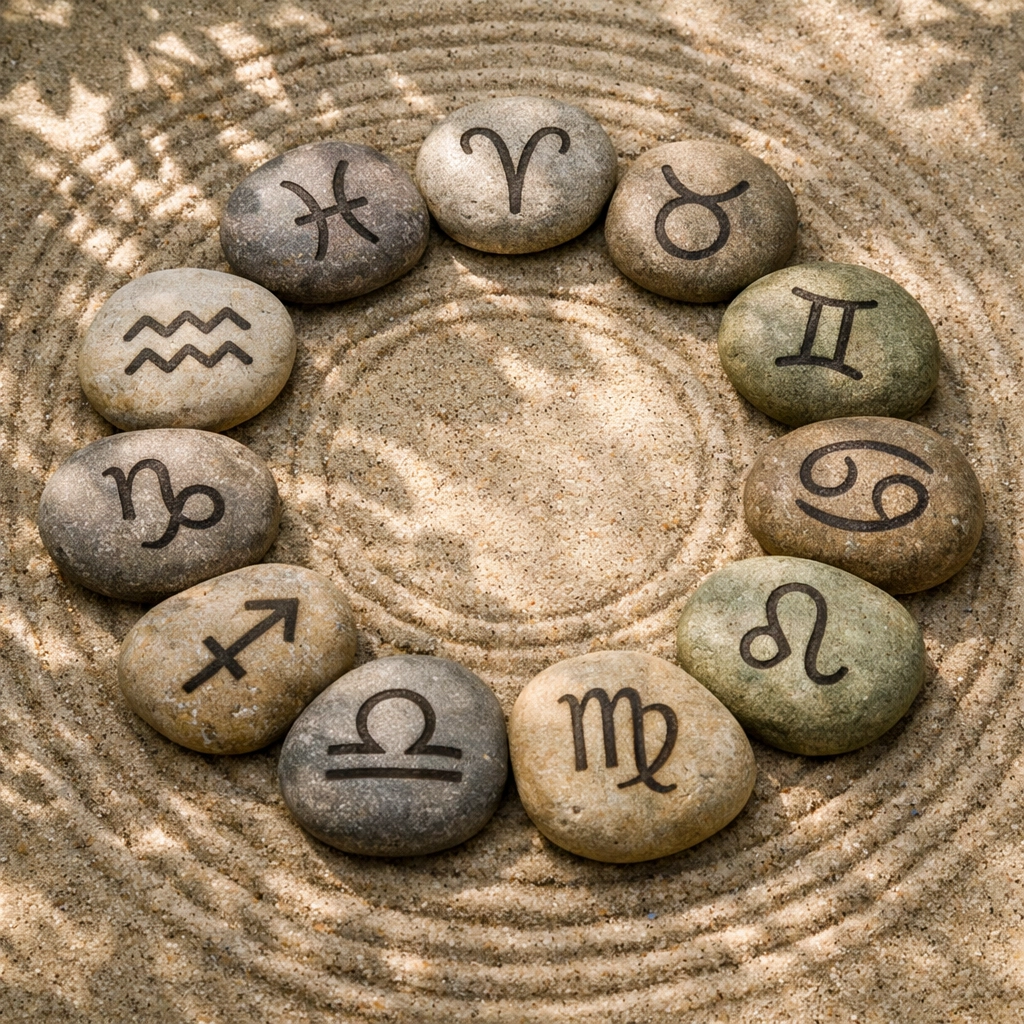 Zodiac symbols etched into stones for diagnosing core wounds through astrology and psychology.