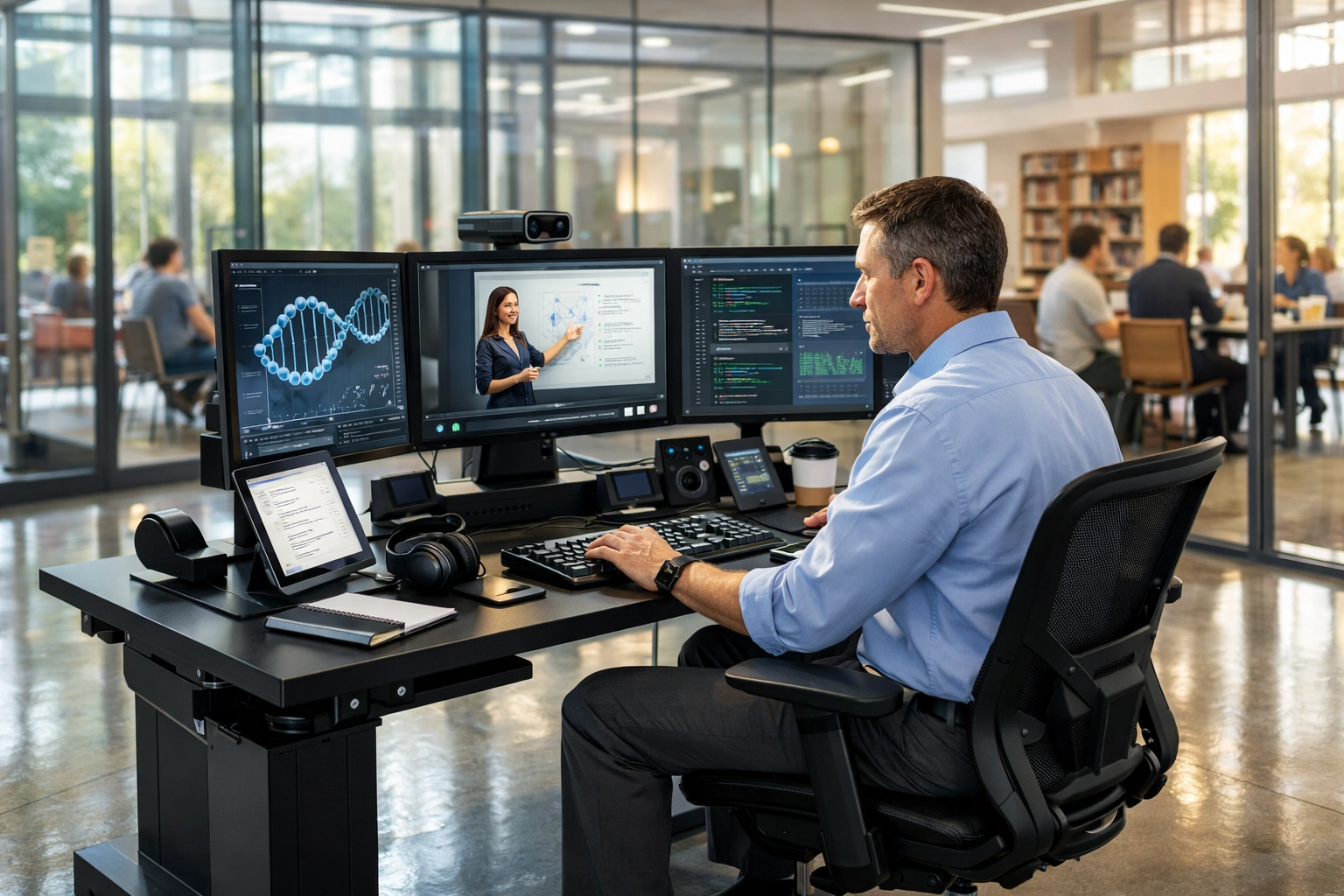 A high-tech training workstation in a community hub designed for technical workforce development.