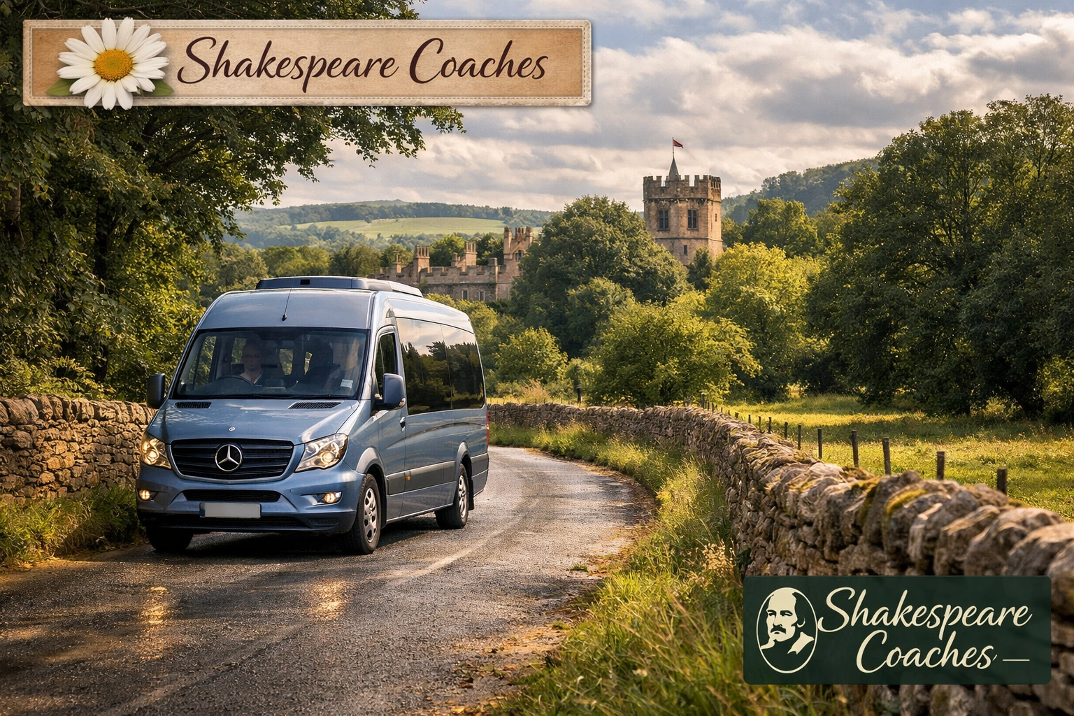 Shakespeare Coaches minibus driving past Sudeley Castle on a scenic Cotswolds road.