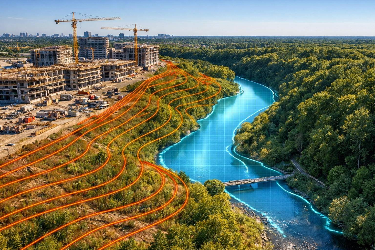 High-angle view of a GTA construction site with topographic contours and floodplain data for site plan approval.