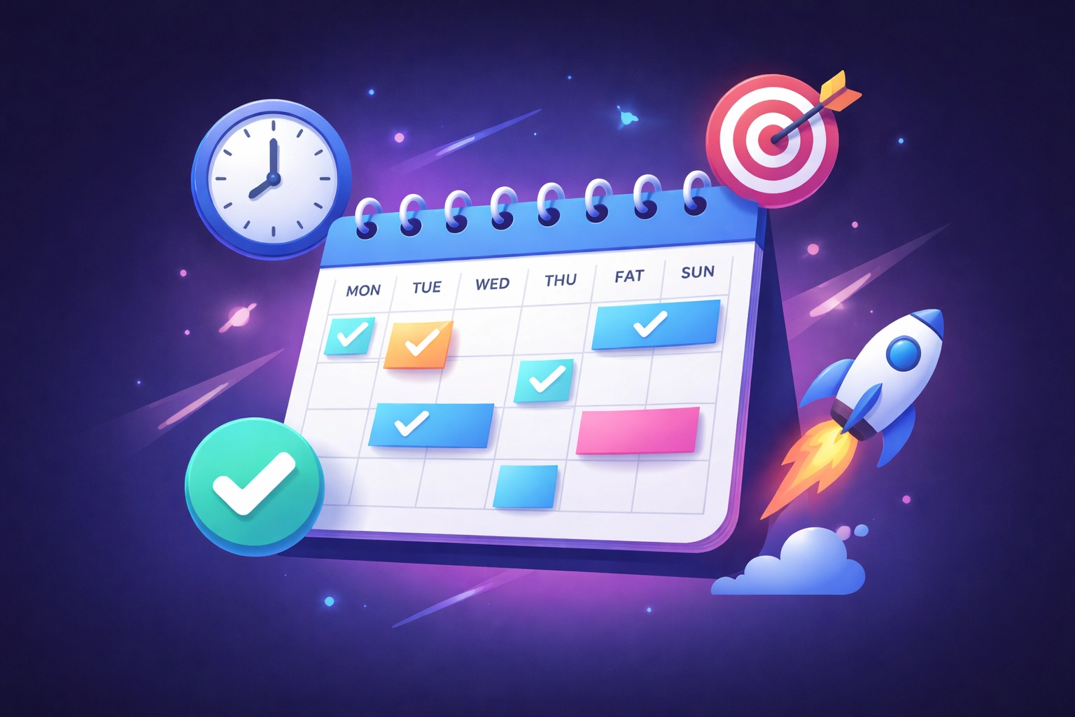 Illustration of a weekly planner with goal and time icons, showing small business strategy planning in Chattanooga.