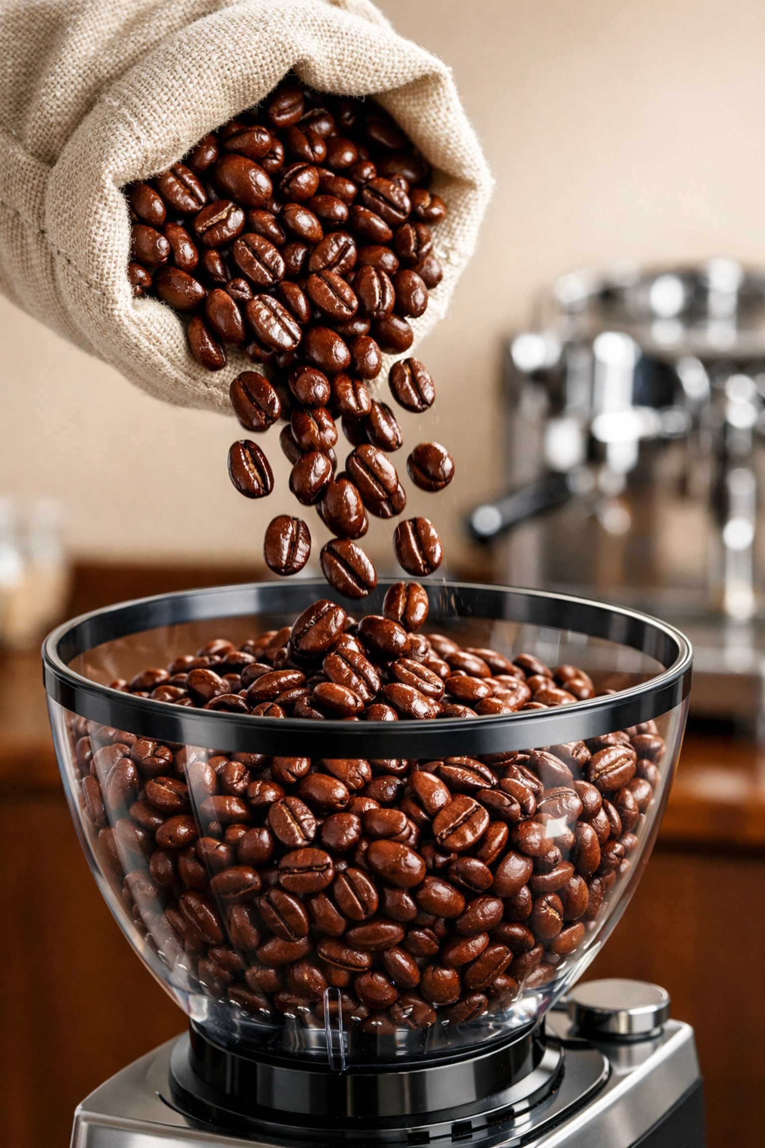 Fresh whole coffee beans from a wholesale coffee roaster being poured into a high-end espresso machine hopper.