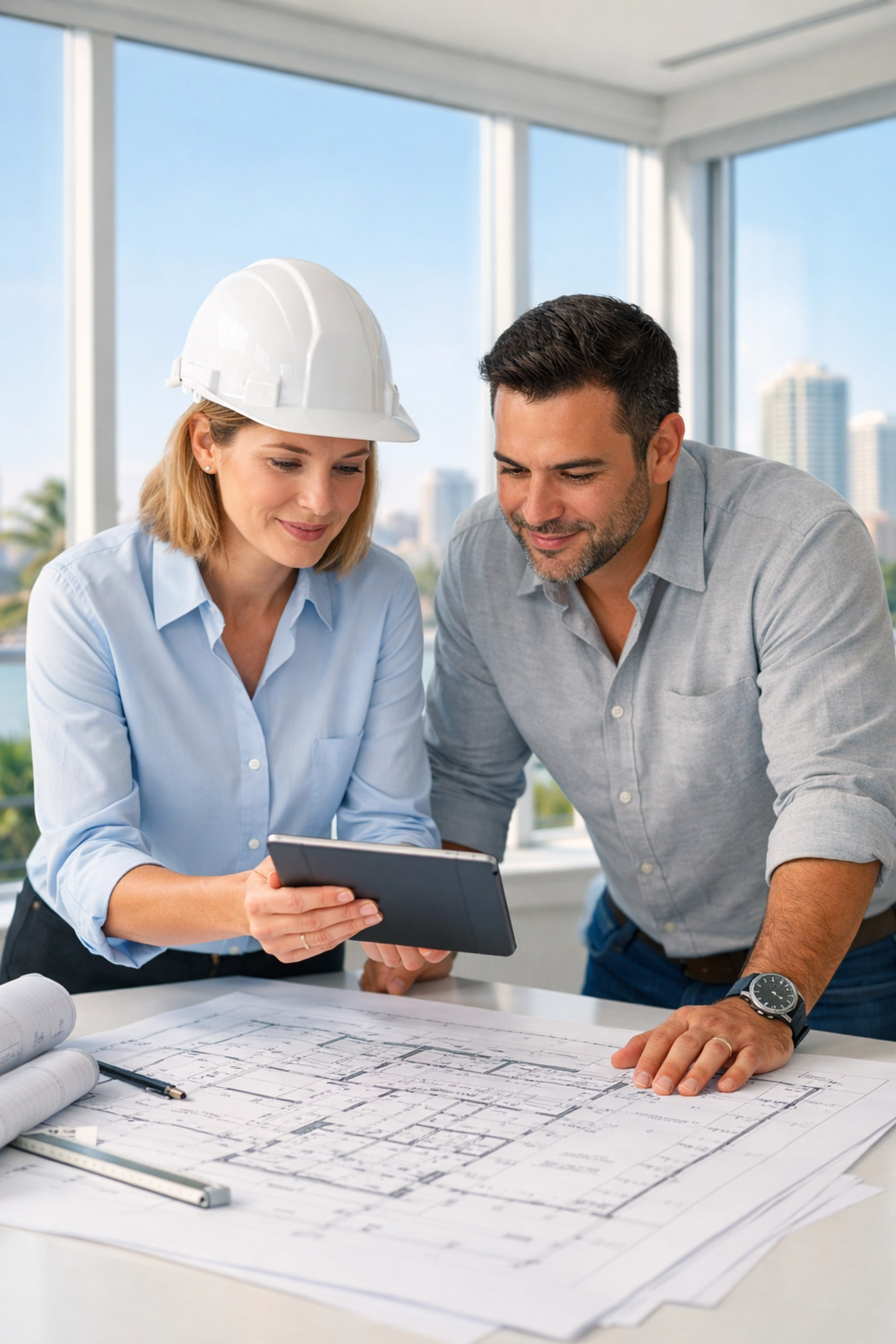 Expert team planning a commercial construction south florida project in a modern office.