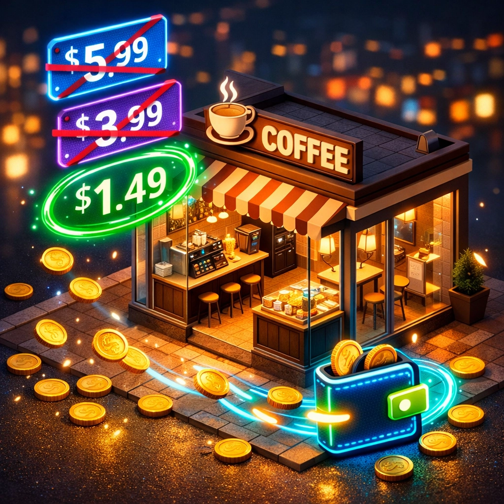 Small business crypto POS system savings visualization for coffee shop merchants