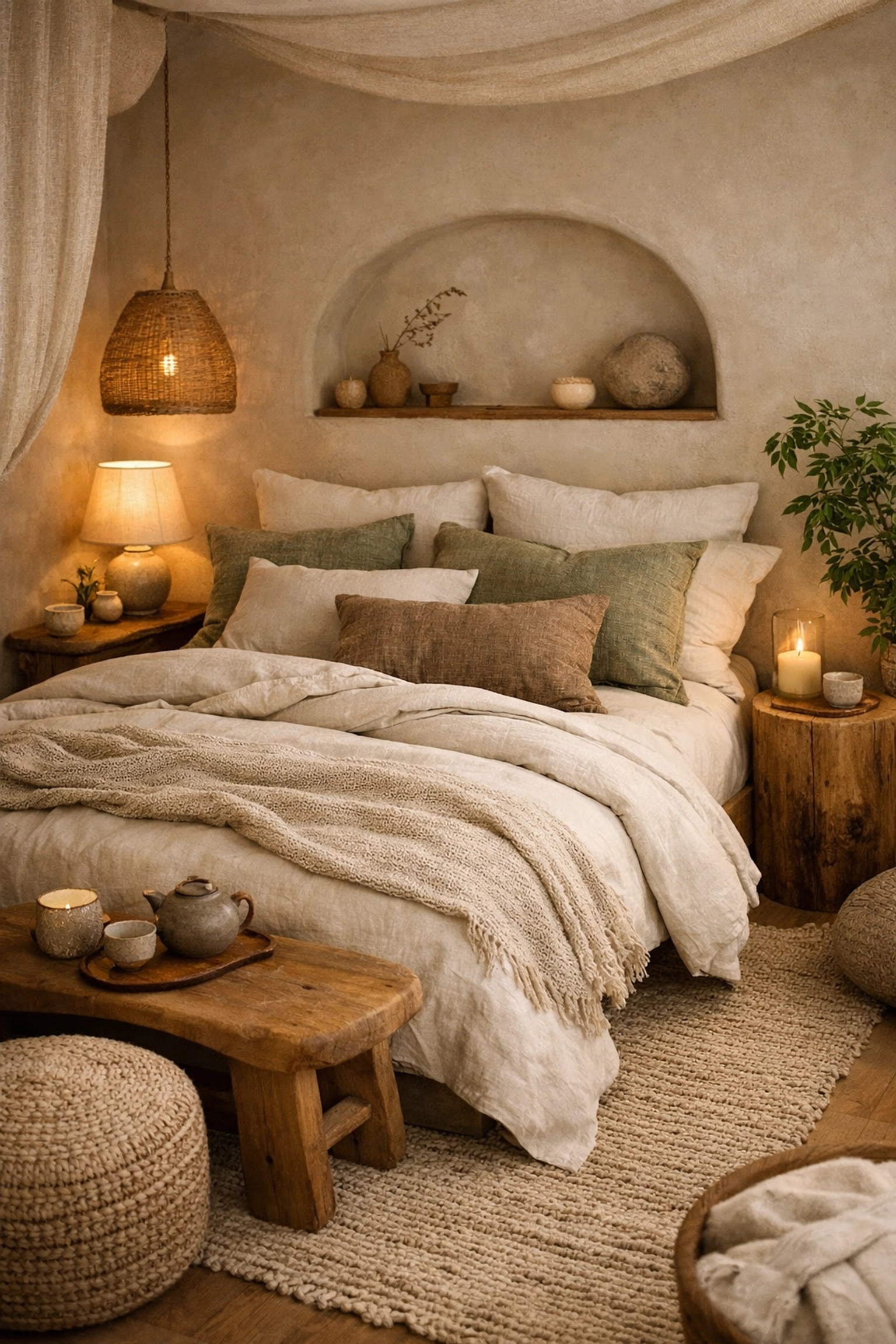 Wellness-focused bedroom design in Orlando home with natural textures and calming tones