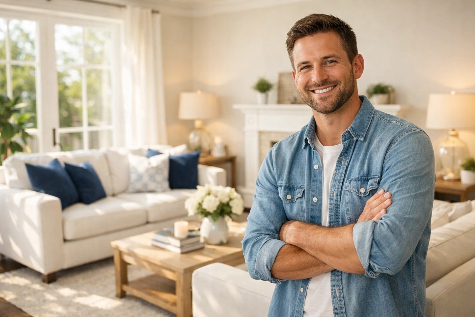 Happy homeowner in a dust-free Southborough living room after professional post construction cleaning.